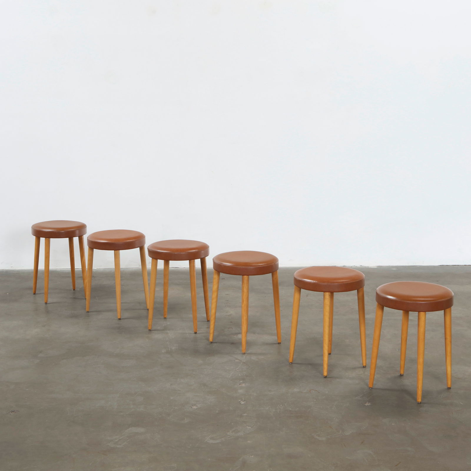 Baumann, Set of Six Wood and Leatherette Stools, 1960s (1 of 18)