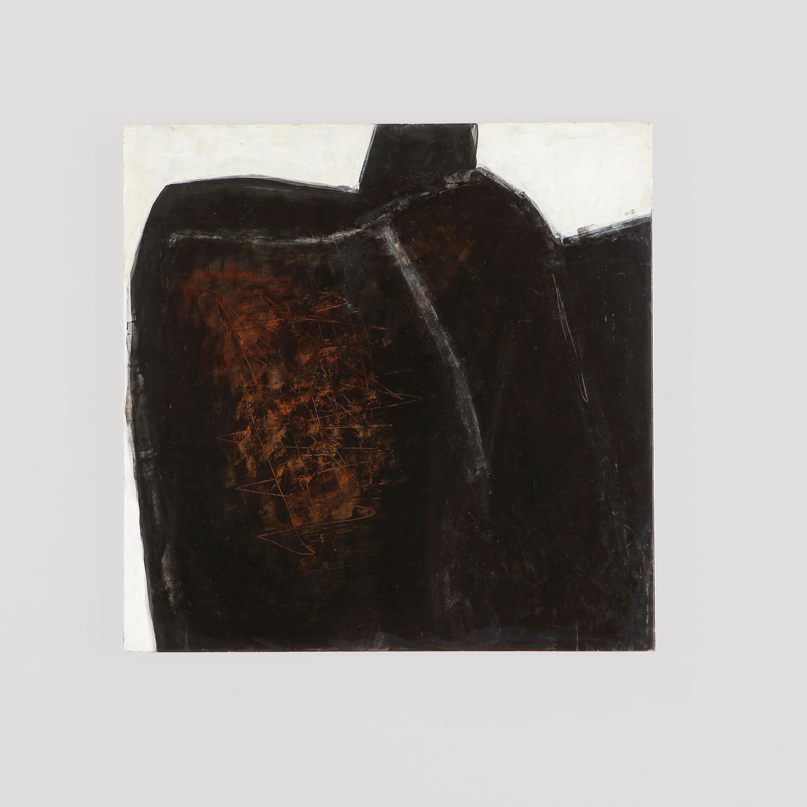 Maurice Perrenoud, Oil Painting, 1964: Large abstract painting in rich black tones by Maurice Perrenoud, dated 1964. Textured surface and monumental form evoke the weight of post-war existential abstraction. Signed. Height: 27.5 in. Width: