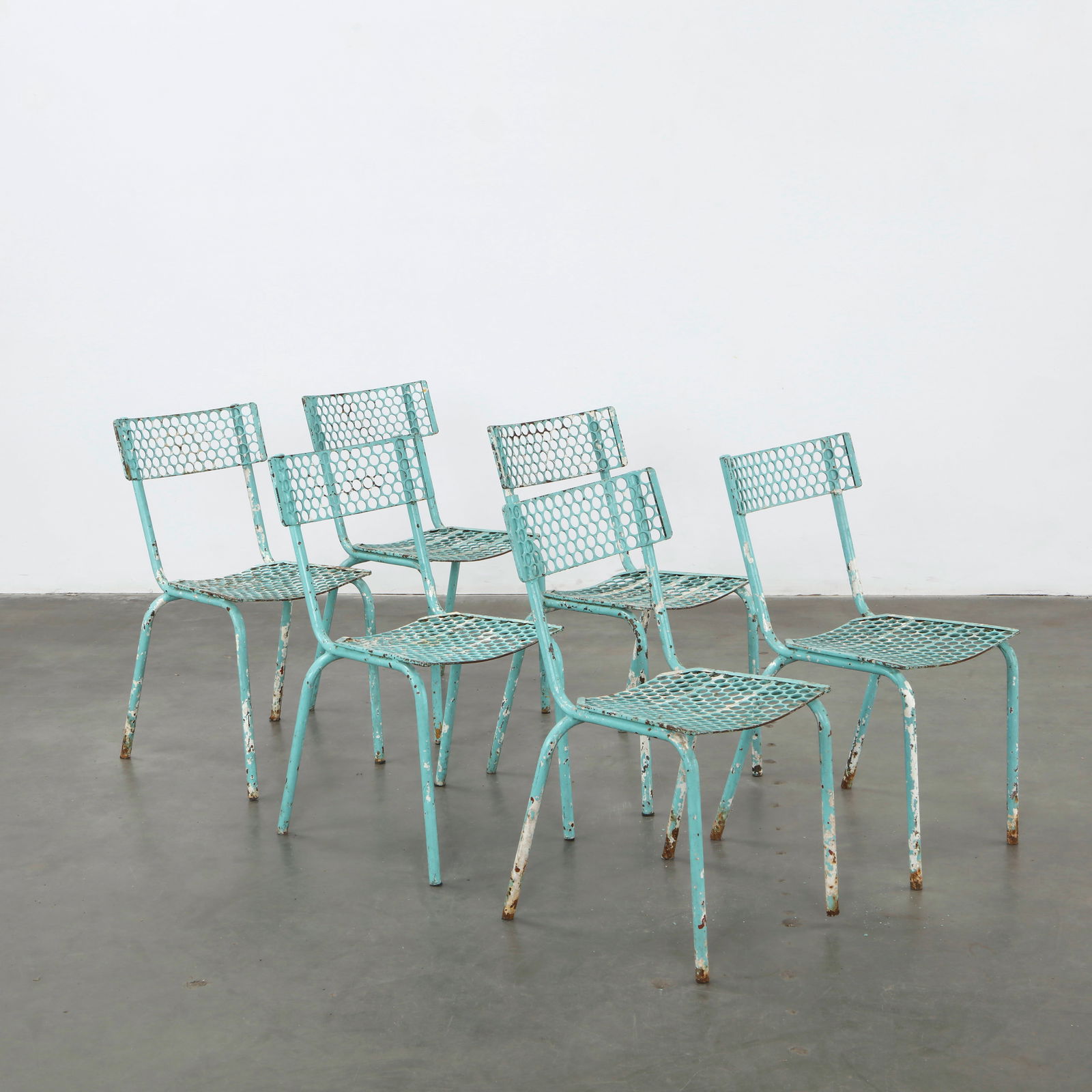 Rene Malaval, Set of Six Perforated Steel Bistro Chairs, 1950s (1 of 20)