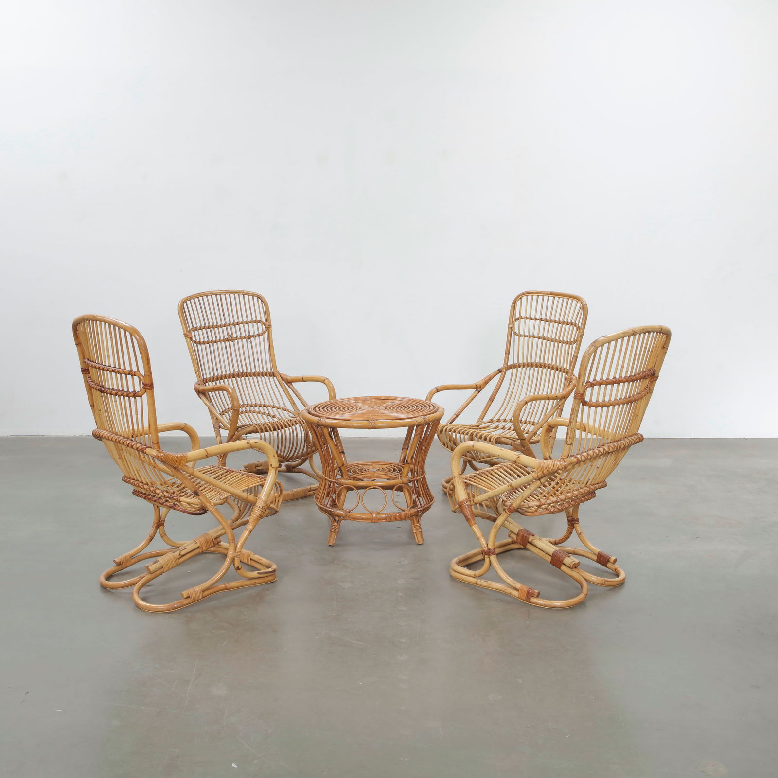 Tito Agnoli, Set of Four Rattan Armchairs with Matching Coffee Table, France, 1960s (1 of 15)