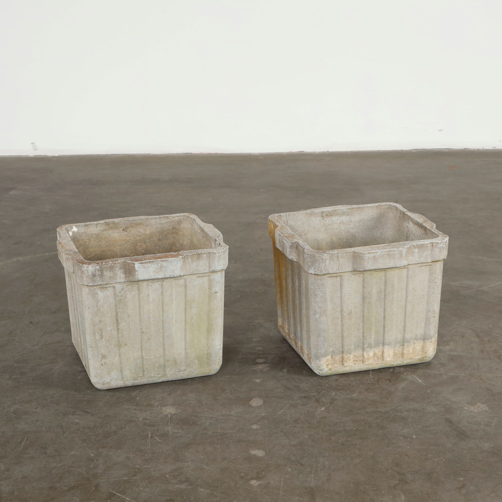 Willy Guhl, Pair of Square Planters, 1960s: Executed in fiber cement, these geometric planters illustrate Guhl minimalist sensibility and mastery of proportion. Height: 14 in. Width: 17 in. Depth: 17 in.