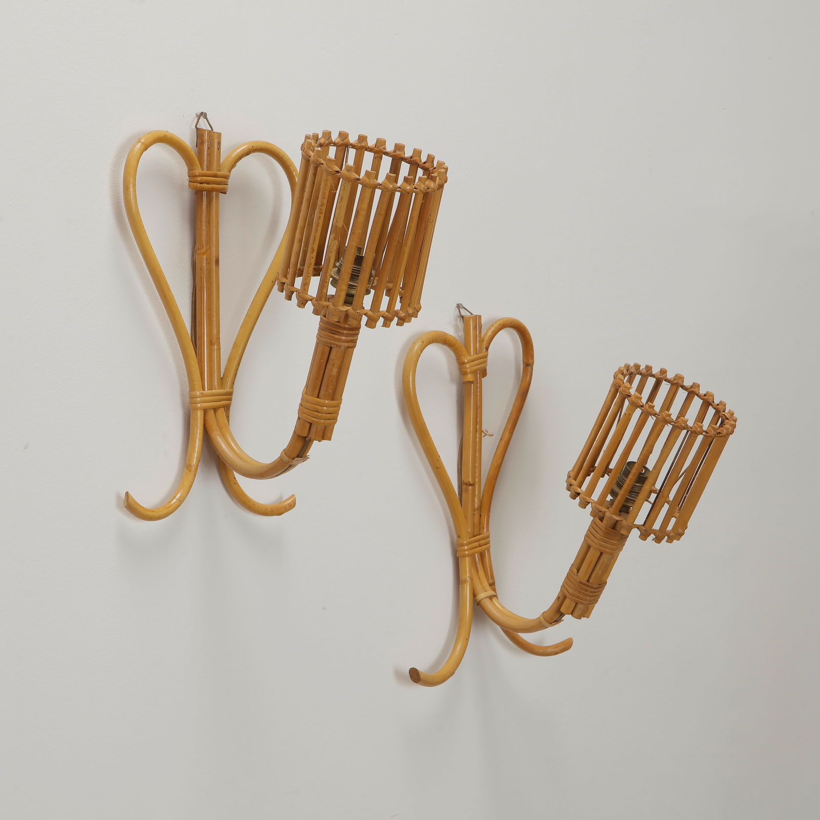 Louis Sognot, Pair of Mid-century French Rattan Sconces, 1960s (1 of 4)