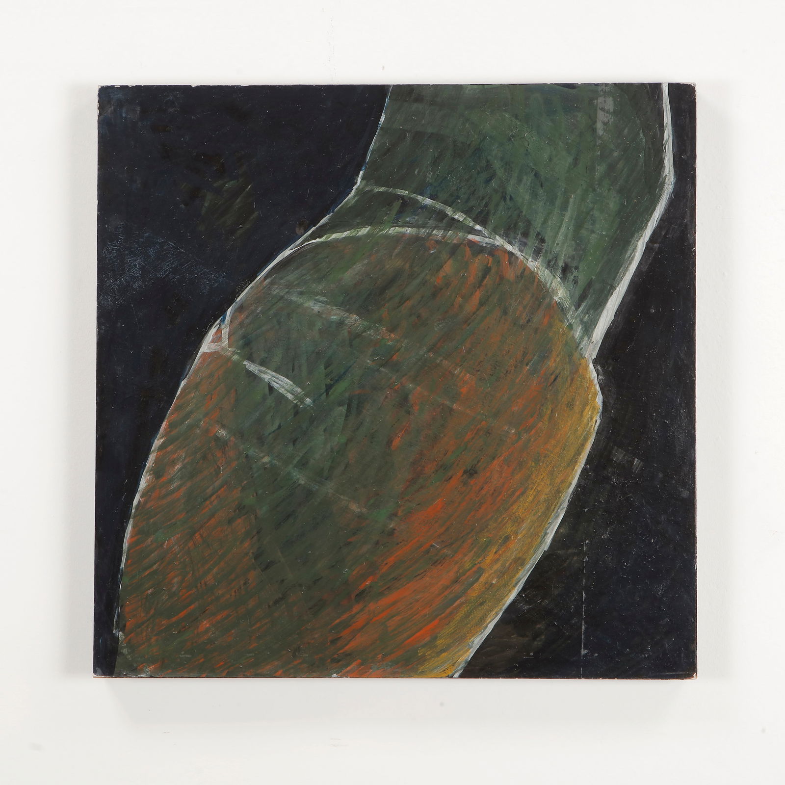 Maurice Perrenoud, Depaysement Inquiet, 1964: Oil on wood. Sharp angular divisions and dynamic hatching evoke disorientation, while cold blue and black hues intensify the tension. A powerful abstract landscape that captures the feeling of anxious