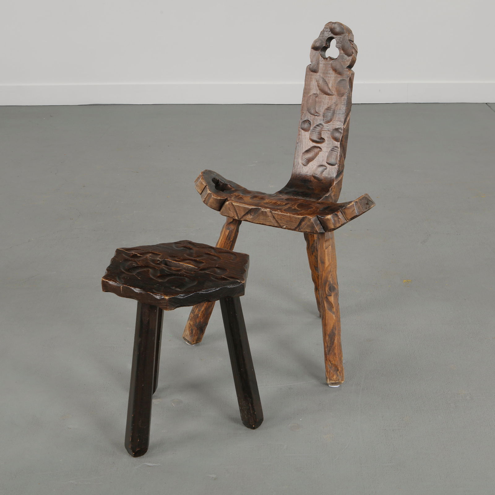 Brutalist Folk Art Chair with Sculpted Stool, 1960s (1 of 16)