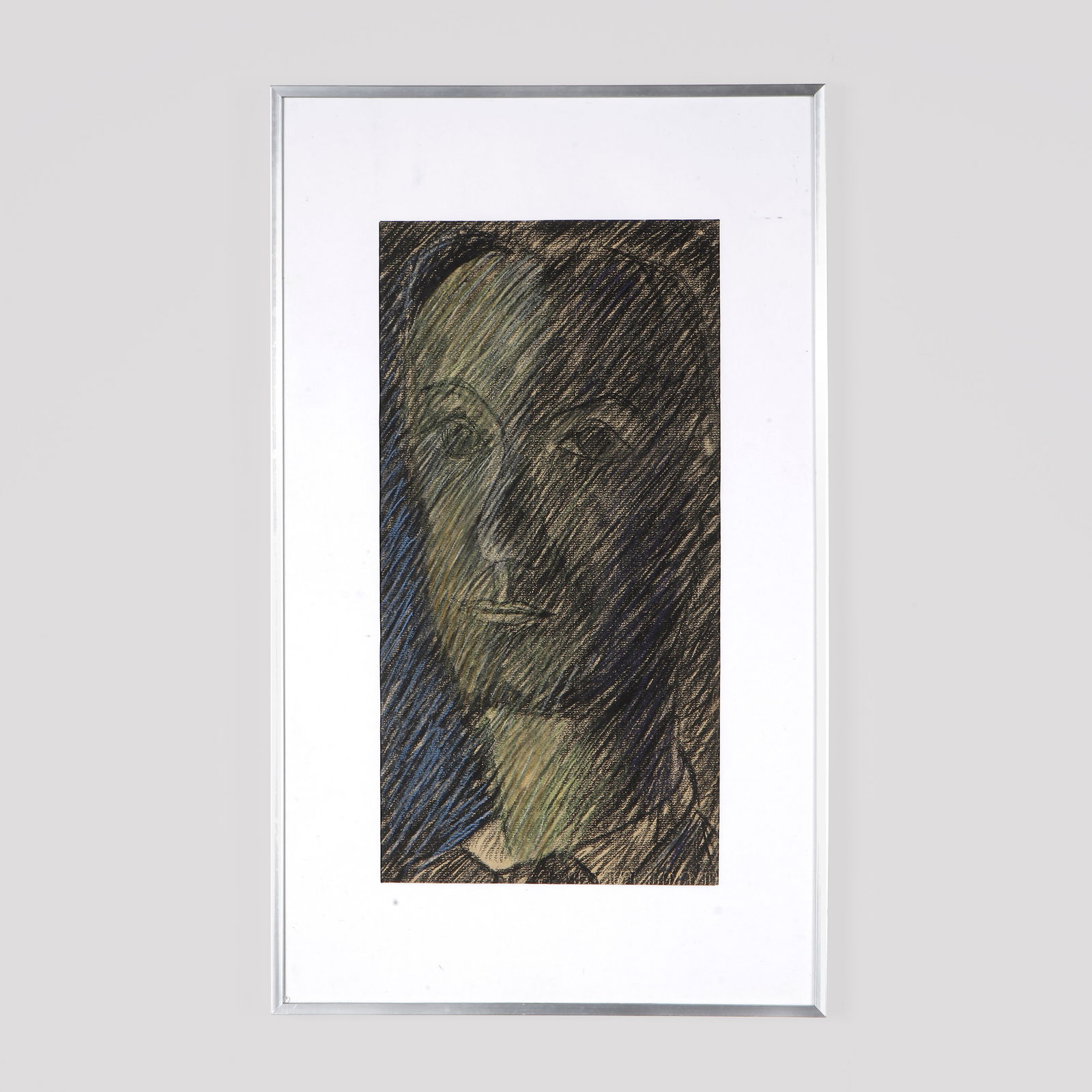 Maurice Perrenoud, Oil Painting, 1960s: A contemplative male portrait rendered in dense diagonal hatching, with muted greens and blues giving tonal depth. Signed. Height: 14 in. Width: 24 in.