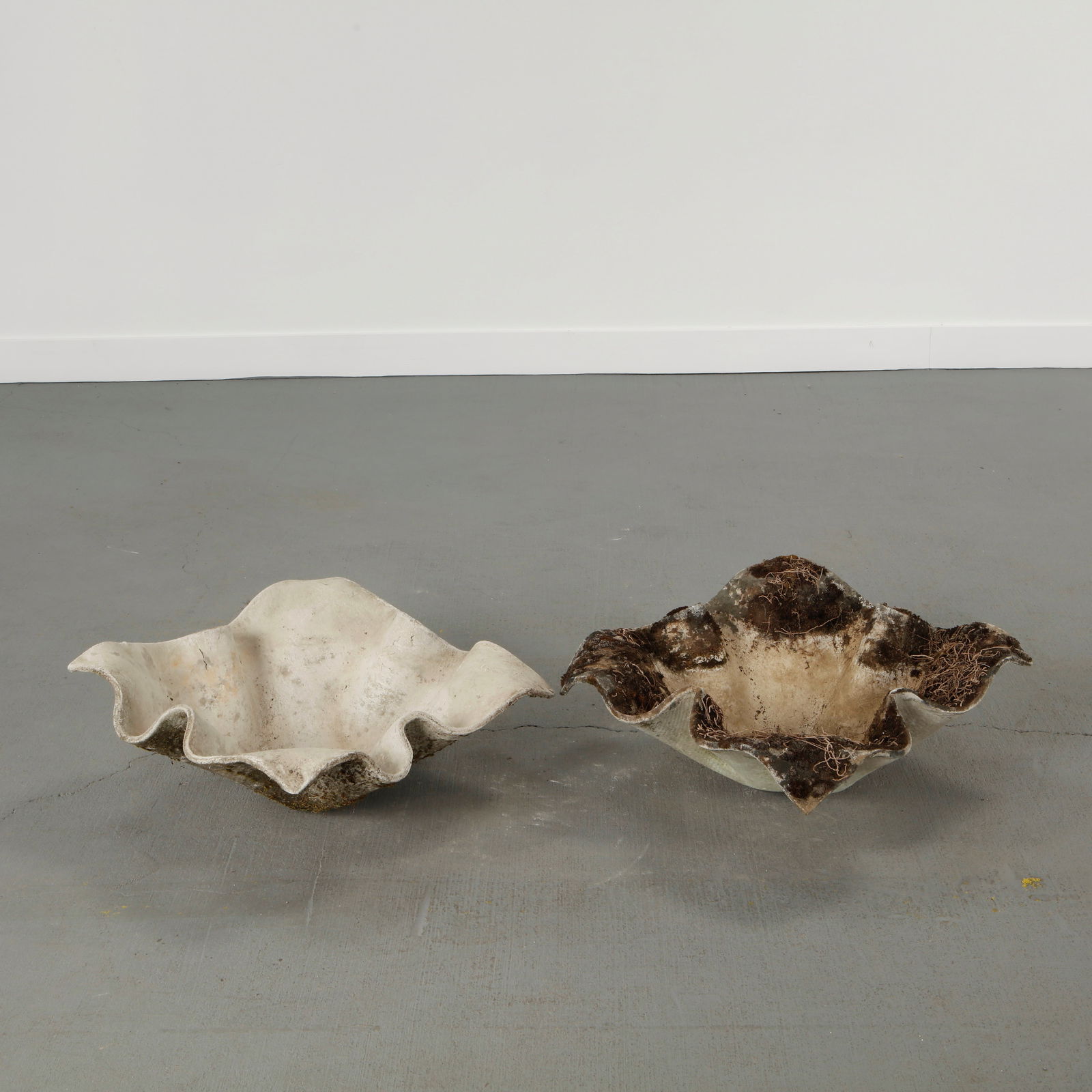 Willy Guhl, Pair of Small Elephant Ear Planters, 1960s: Pair of small Elephant Ear planters, also known as handkerchief planters, by Willy Guhl for Eternit, Switzerland circa 1960. Factory-drilled drainage holes. Wonderful patina. Width: 20 in. Length: 20