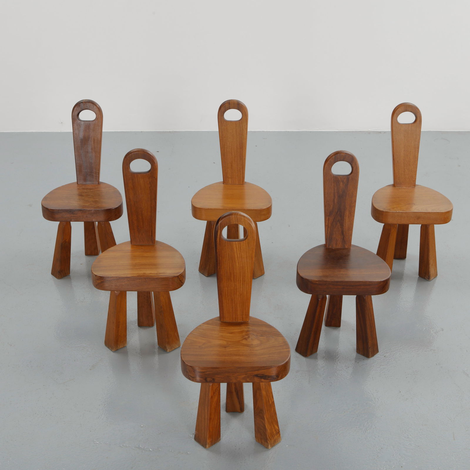 Set of Six Brutalist Solid Wood Tripod Chairs, 1960s (1 of 20)