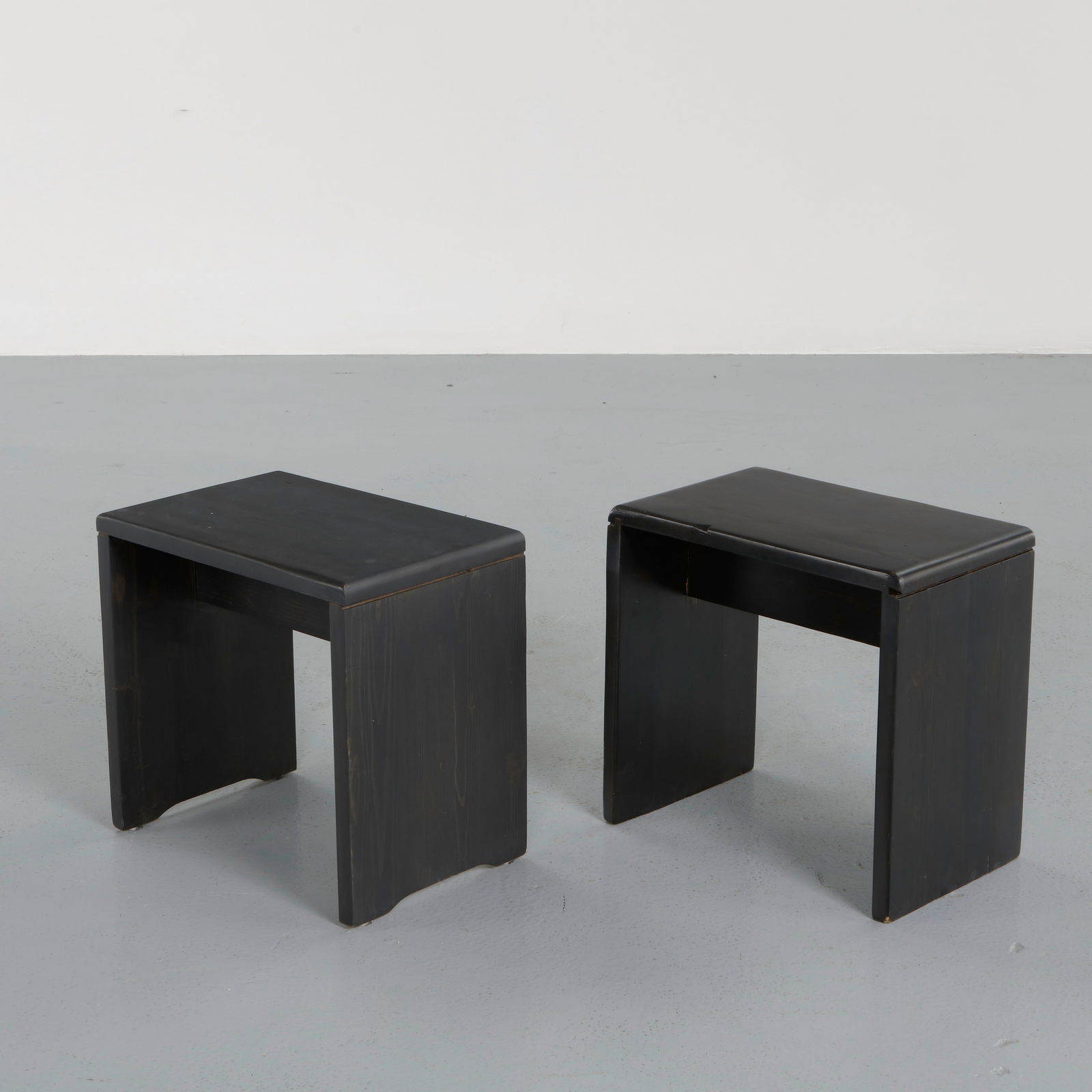 Charlotte Perriand for Les Arcs 1600, Pair of Black Pine Stools, 1960s (1 of 12)