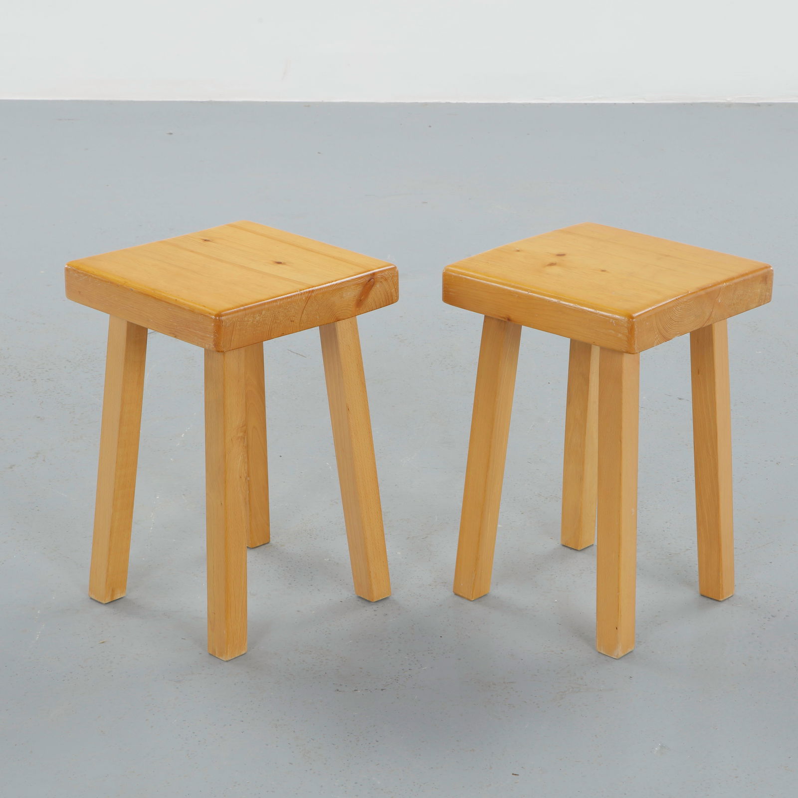 Charlotte Perriand for Les Arcs 1600, Pair of Pine Stools, 1960s (1 of 12)
