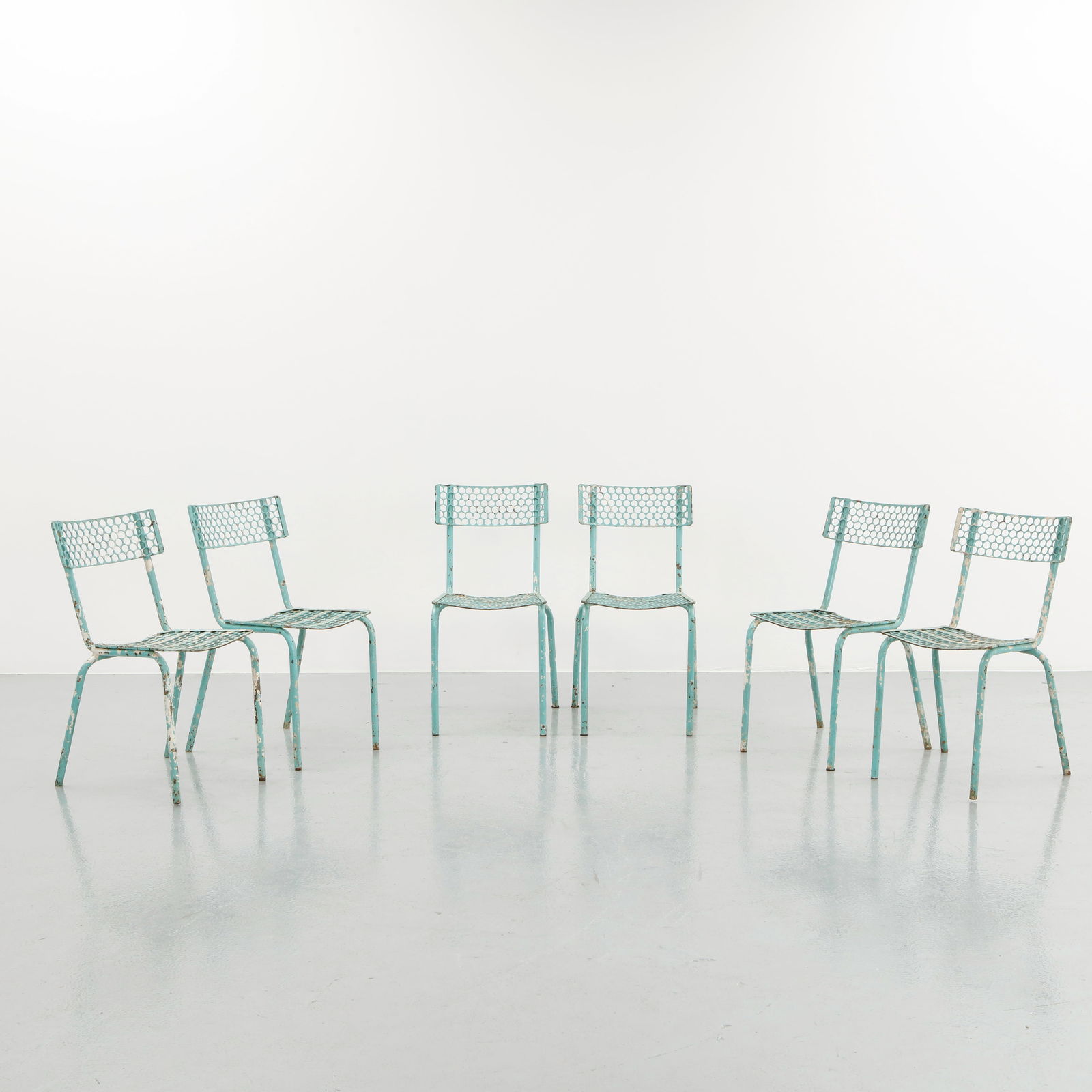 Rene Malaval, Set of Six Perforated Steel Bistro Chairs, 1950s (1 of 20)