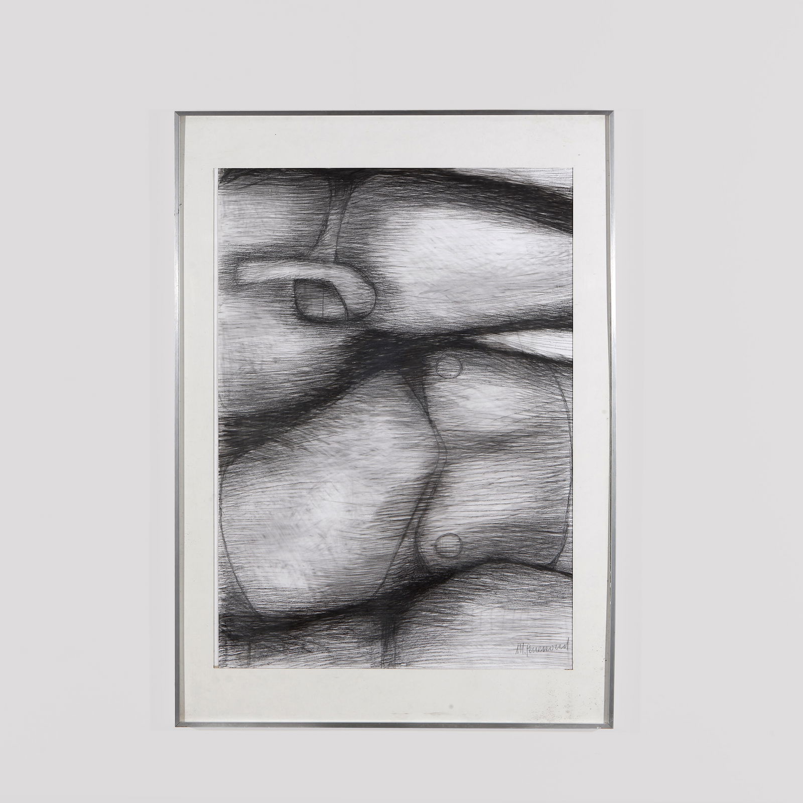 Maurice Perrenoud, Pencil Painting, 1960s: Intricate linear study of reclining forms, executed in black on white on paper. The meticulous cross-hatching balances abstraction and figuration. Signed. Height: 28 in. Width: 39.5 in.