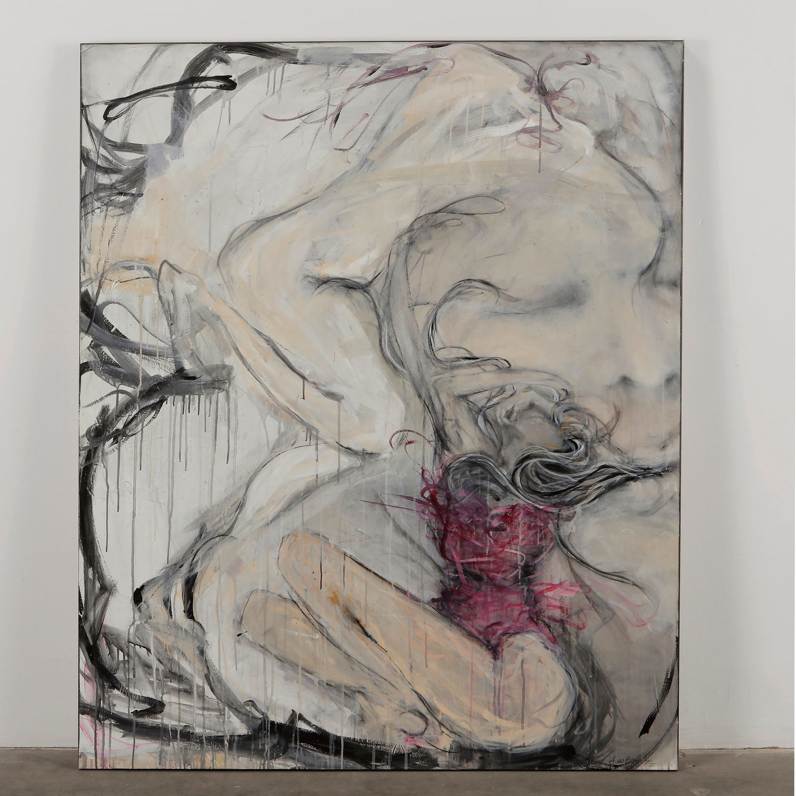 Jess Black, Muse Painting, 2013: Acrylic and charcoal on canvas. Expressive and sensual, this large-scale composition captures fluid gestures and raw emotion in shades of gray, black, and vibrant fuchsia. Signed, with certificate of