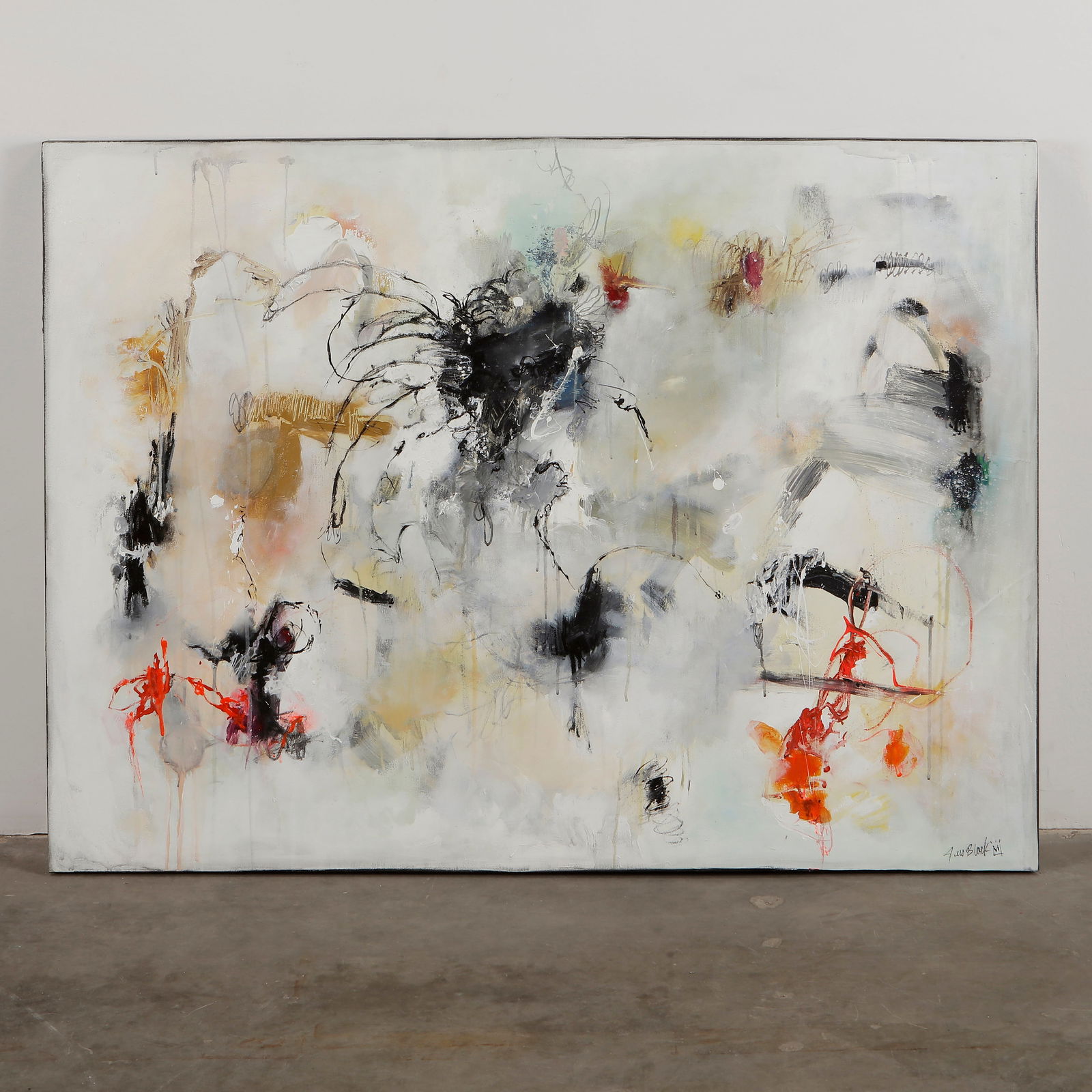 Jess Black, Emancipation, 2012: Acrylic and charcoal on canvas. A turbulent composition full of movement and energy, reflecting themes of release and transformation through dramatic layering and bursts of color. Signed, with certifi