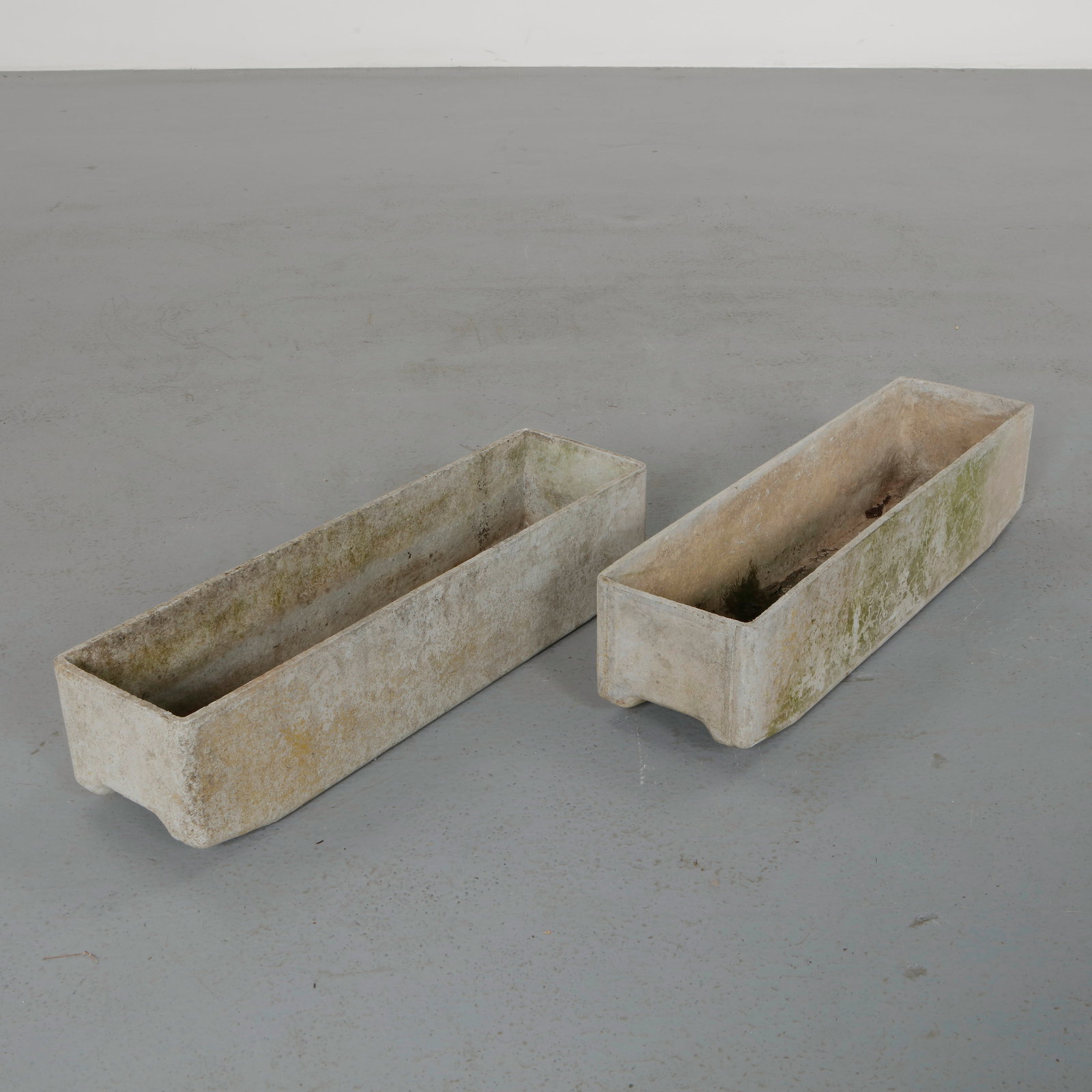 Willy Guhl, Pair of Rectangular Planters, 1960s: Classic rectangular Eternit planter designed by Willy Guhl. Timeless Swiss design with natural patina from outdoor use. Height: 6 in. Width: 26 in. Depth: 6.75 in.
