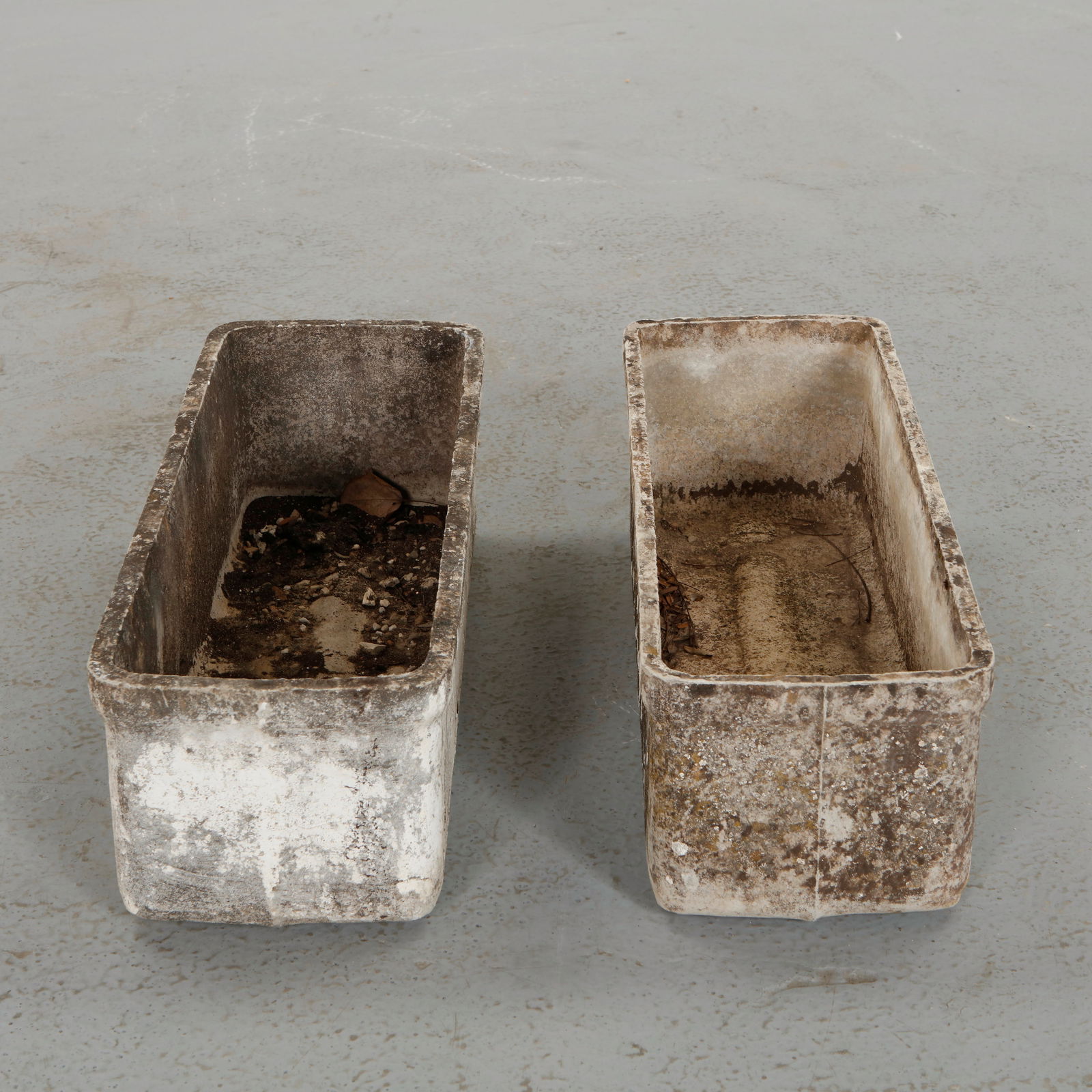 Willy Guhl, Pair of Rectangular Planters, 1960s: Classic rectangular Eternit planters designed by Willy Guhl. Timeless Swiss design with natural patina from outdoor use. Height: 7 in. Width: 23.5 in. Depth: 8.5 in.