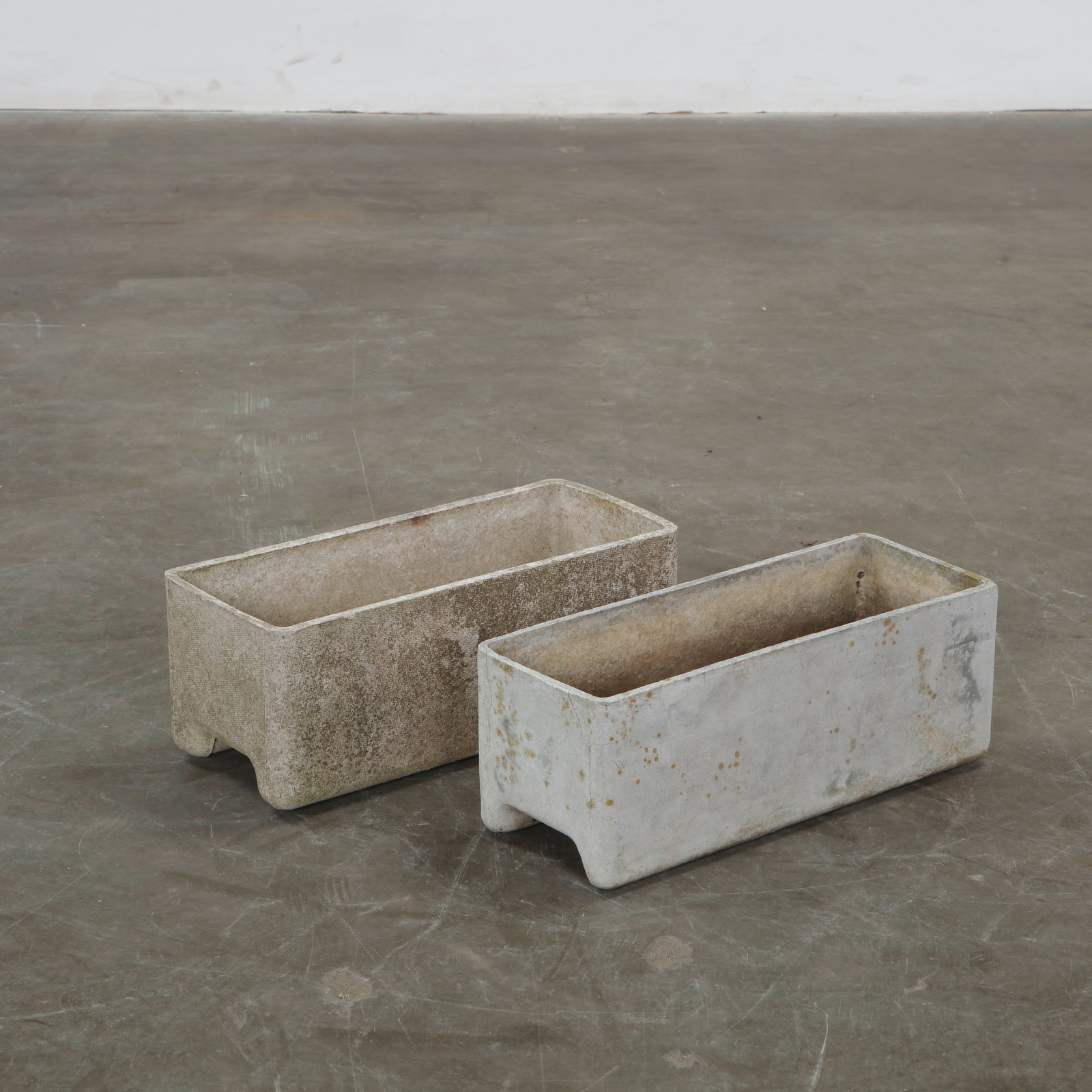 Willy Guhl, Pair of Rectangular Planters, 1960s: Classic rectangular Eternit planters designed by Willy Guhl. Timeless Swiss design with natural patina from outdoor use. Height: 6 in. Width: 16 in. Depth: 6 in. .
