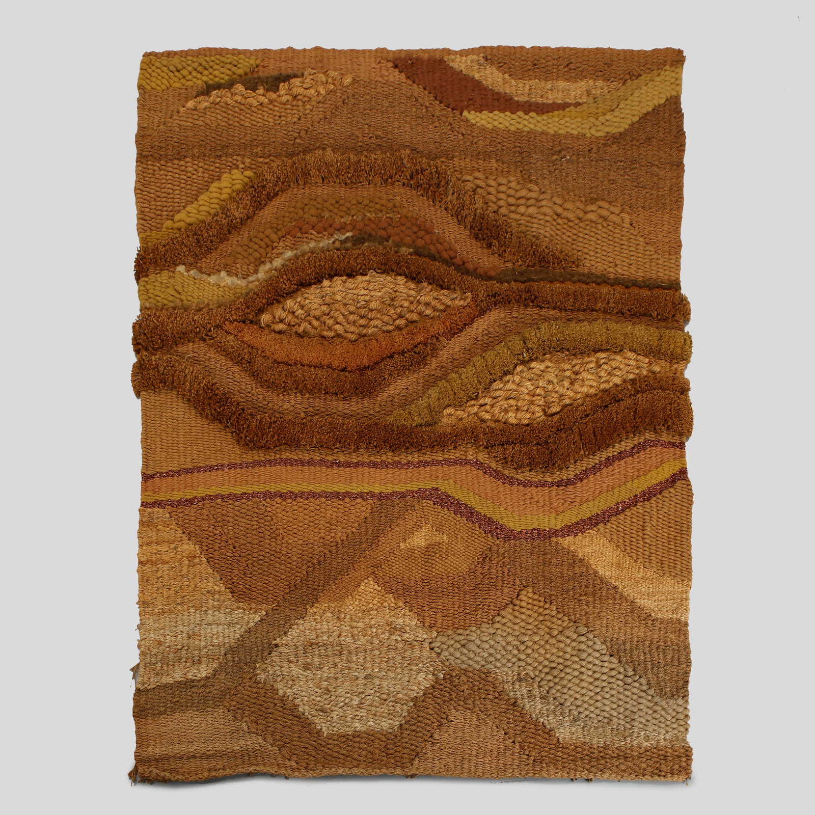Romeo Reyna, Monumental Tapestry Commissioned by Stephen Chase, 1970s: A stunning and highly tactile monumental tapestry, handwoven in richly textured wool with layered geometric and organic motifs in warm tonal gradations. Commissioned by Stephen Chase for the Toluca La