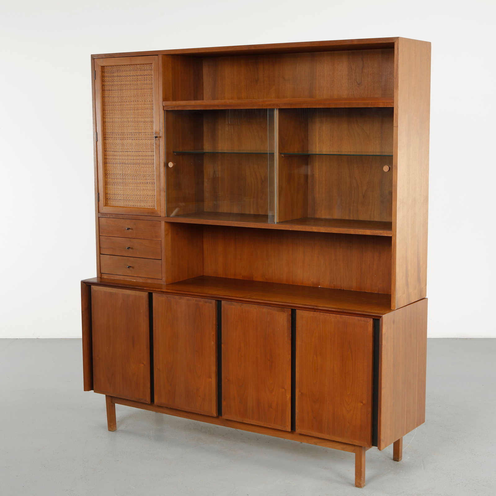 Dillingham, Mid-Century Walnut and Cane Sideboard Credenza Buffet and Hutch, 1960s (1 of 14)
