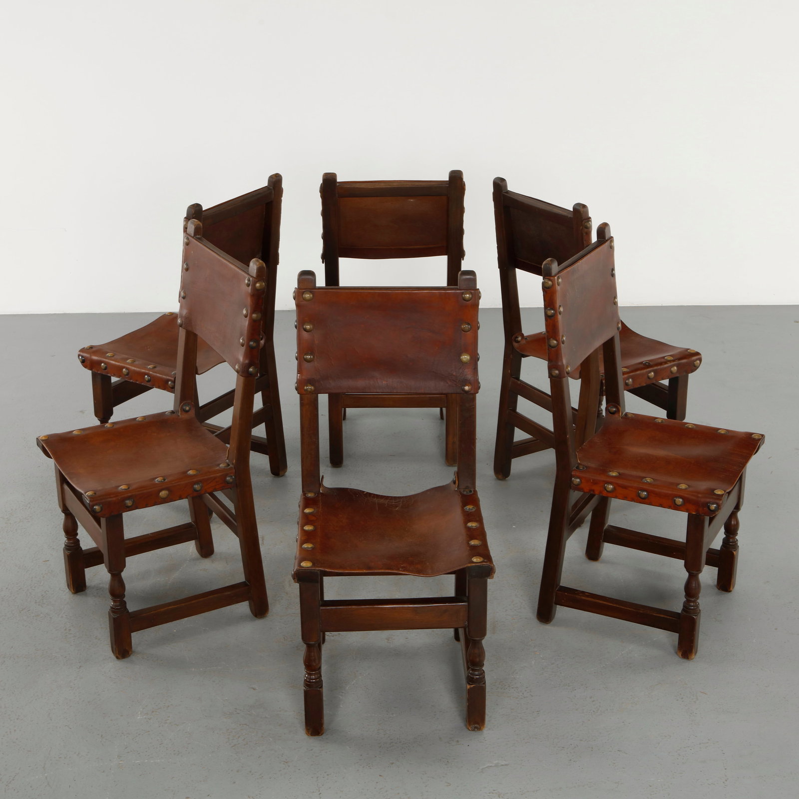 Set of Six Brutalist Leather and Wood Chairs, Spain, 1970s (1 of 20)