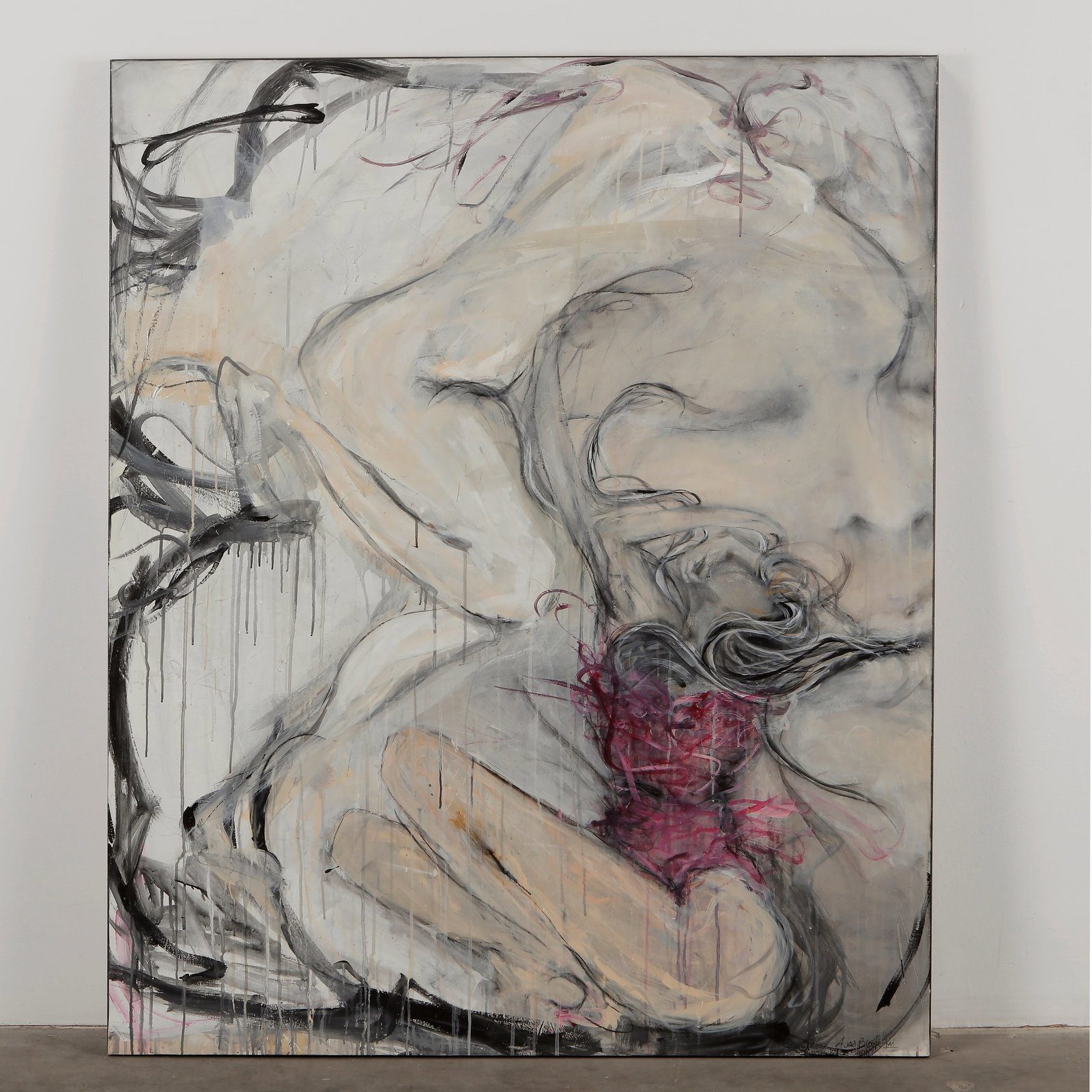 Jess Black, Muse Painting, 2013: Acrylic and charcoal on canvas. Expressive and sensual, this large-scale composition captures fluid gestures and raw emotion in shades of gray, black, and vibrant fuchsia. Signed, with certificate of