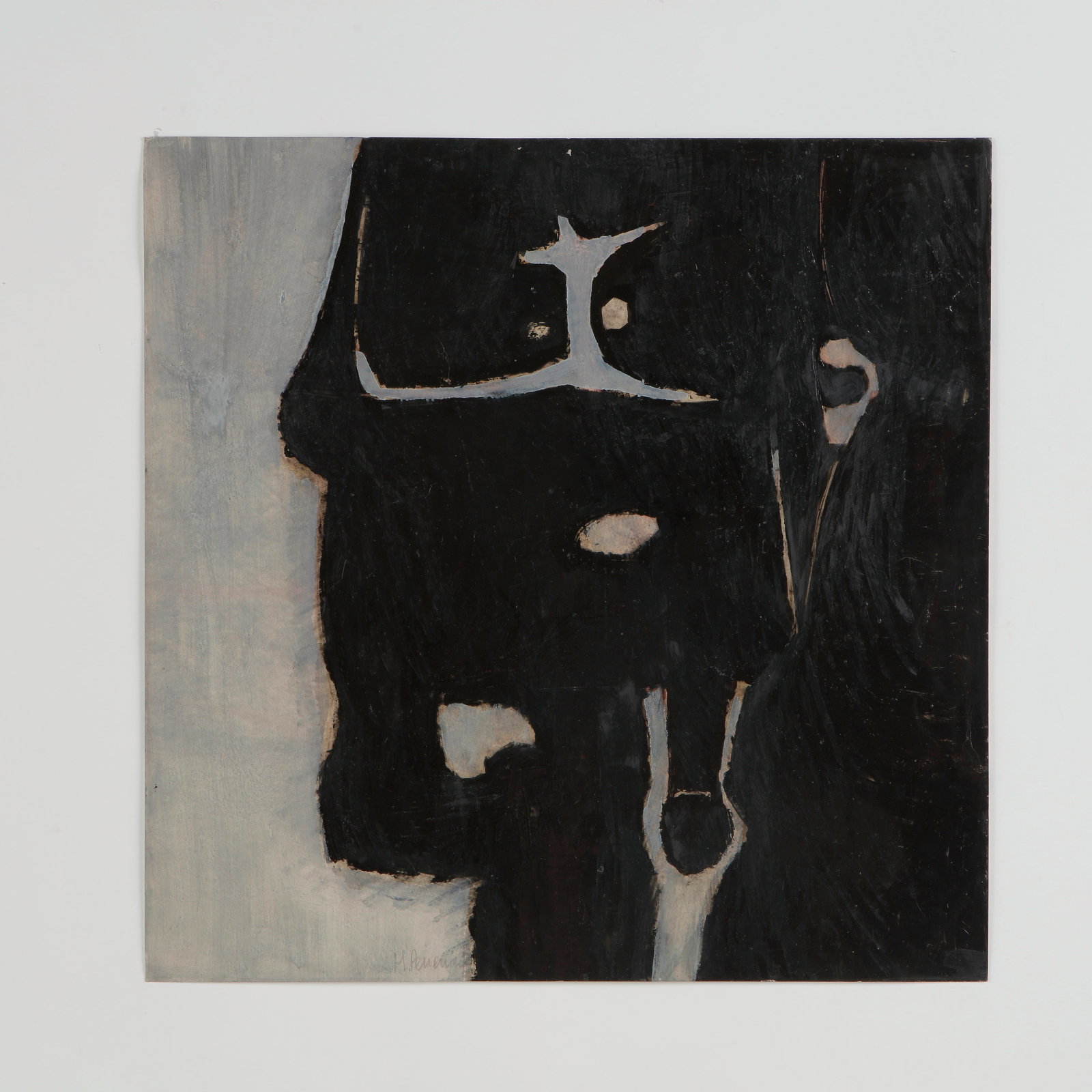 Maurice Perrenoud, Oil on Illustration Board, 1960s: Executed in oil on illustration board, this composition features a stark interplay of black and pale tones, forming an abstracted visage with graphic intensity. The restrained palette and gestural