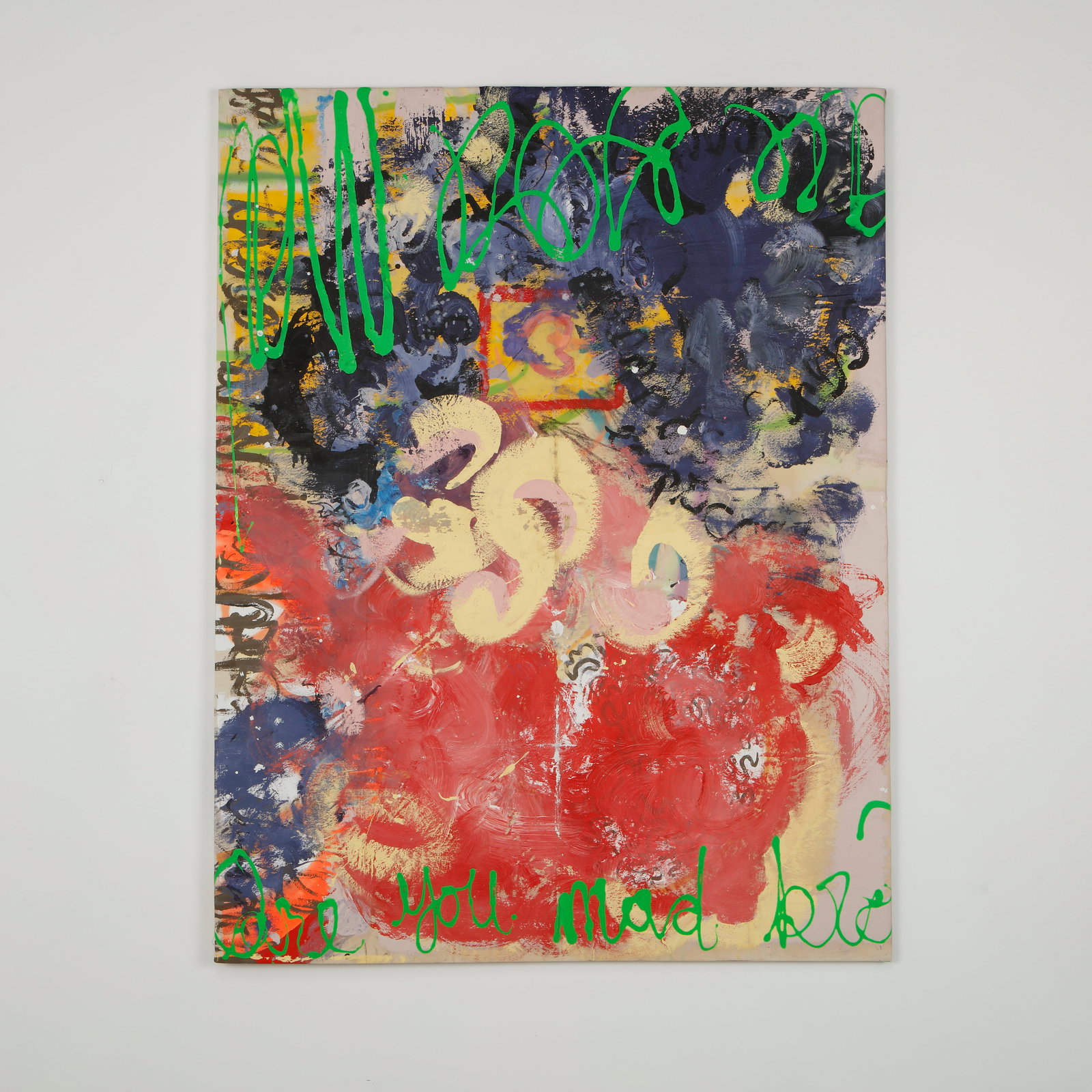 J Mackie, Are You Mad Bro, Oil on Canvas, 1980s: Expressive abstract composition executed in oil on canvas combining energetic gestural brushwork with vivid layered color fields. Dynamic passages of red, blue, and yellow are punctuated by graffiti l