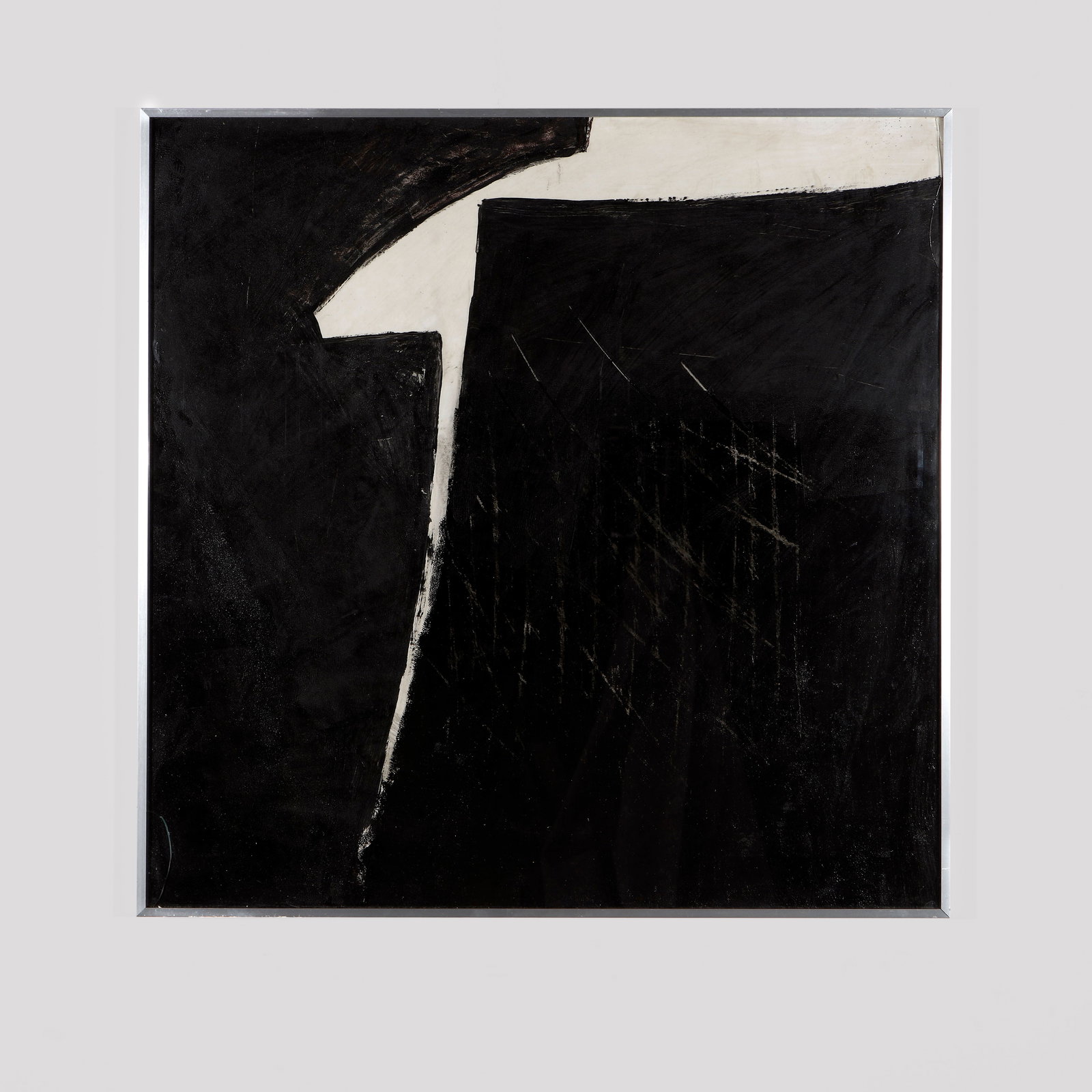 Maurice Perrenoud, Oil Painting on Wood, 1960s: High-contrast abstract work in black and ivory tones. The minimal palette emphasizes formal balance and directional tension within the geometric framework. Oil on wood.Â Signed. Height: 28 in. Width: