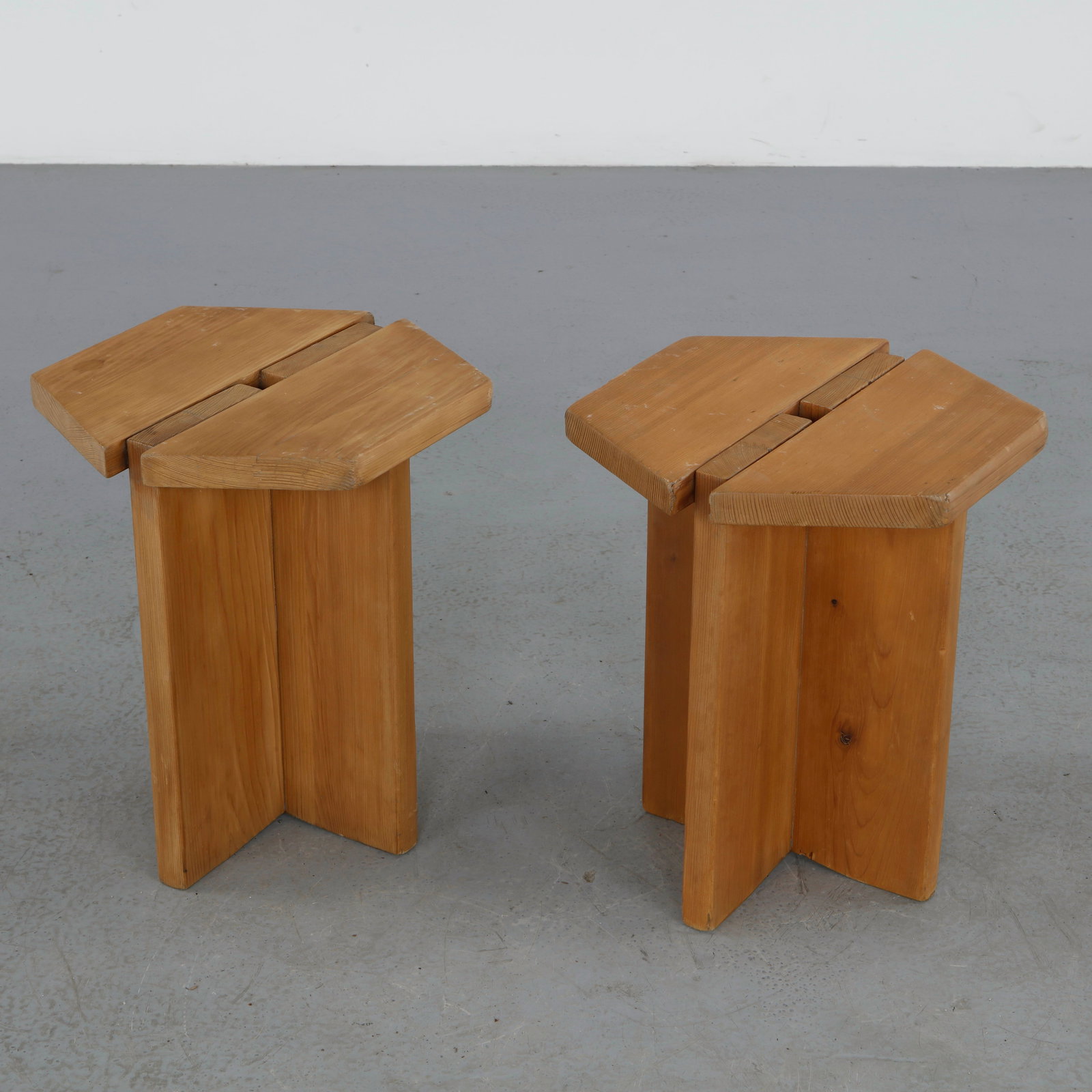Rene Martin, Pair of Wood Stools, 1960s: Charming handcrafted stools in sculpted wood. A blend of folk craftsmanship and modernist lines. Height: 16.5 in. Length: 14.5 in. Depth: 13.25 in.