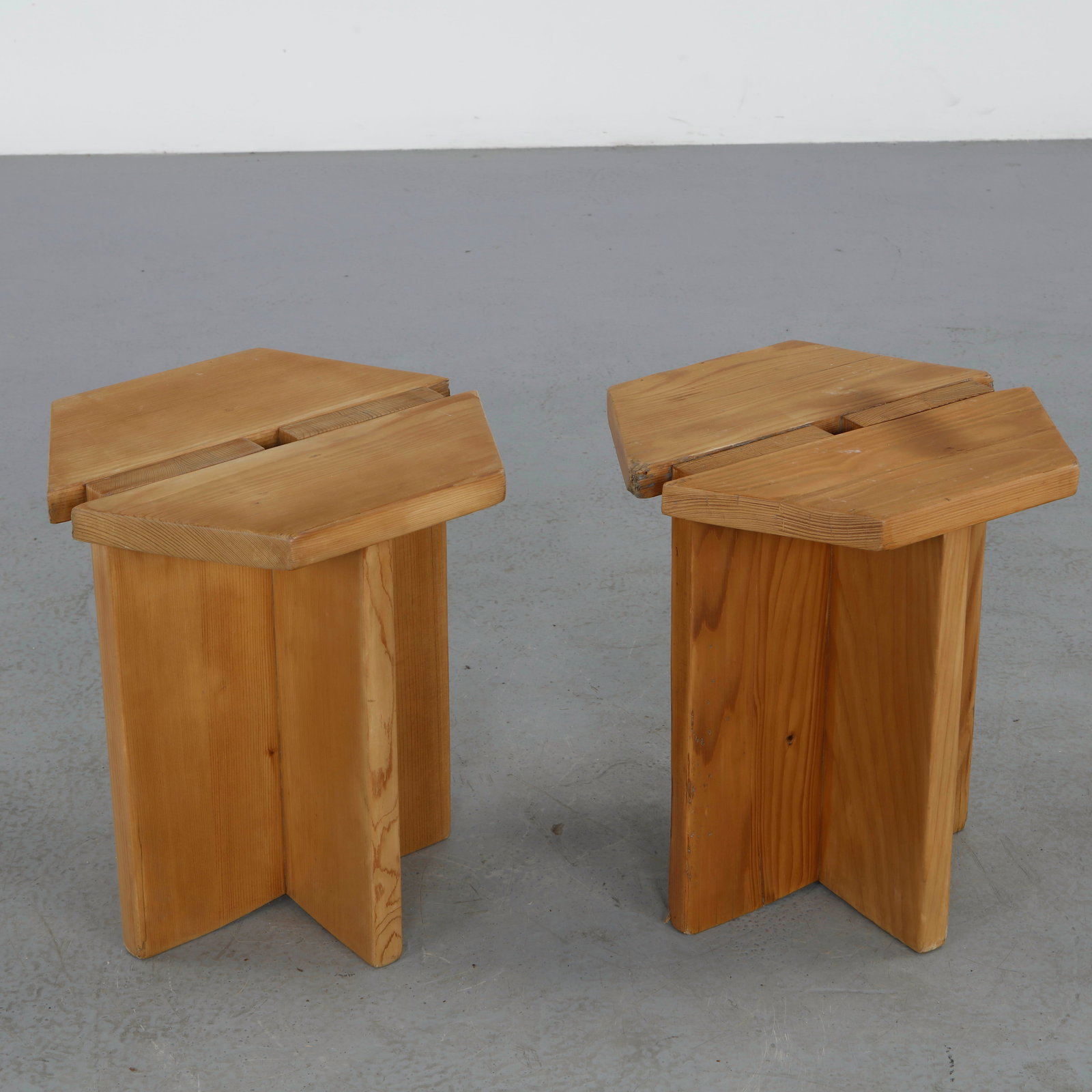Rene Martin, Pair of Wood Stools, 1960s: Charming handcrafted stools in sculpted wood. A blend of folk craftsmanship and modernist lines. Height: 16.5 in. Length: 14.5 in. Depth: 13.25 in.