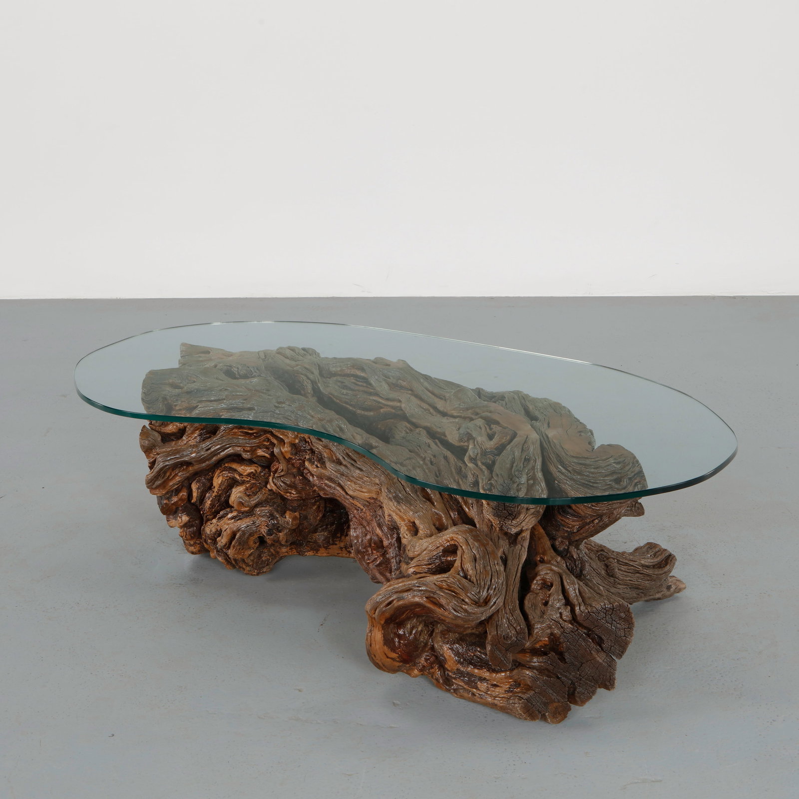 Monumental Root Wood Cocktail Table with Oval Glass Top, 1970s: Featuring a sculptural natural root base supporting an oval glass top, the table highlights the dramatic organic movement of the wood grain. The transparent glass surface allows the intricate root for
