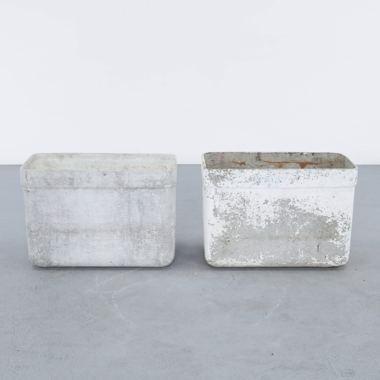 Willy Guhl, Pair of Rectangular Planters, 1960s: Classic rectangular Eternit planters designed by Willy Guhl. Timeless Swiss design with natural patina from outdoor use. Height: 19 in. Length: 27.5 in. Width: 14 in.