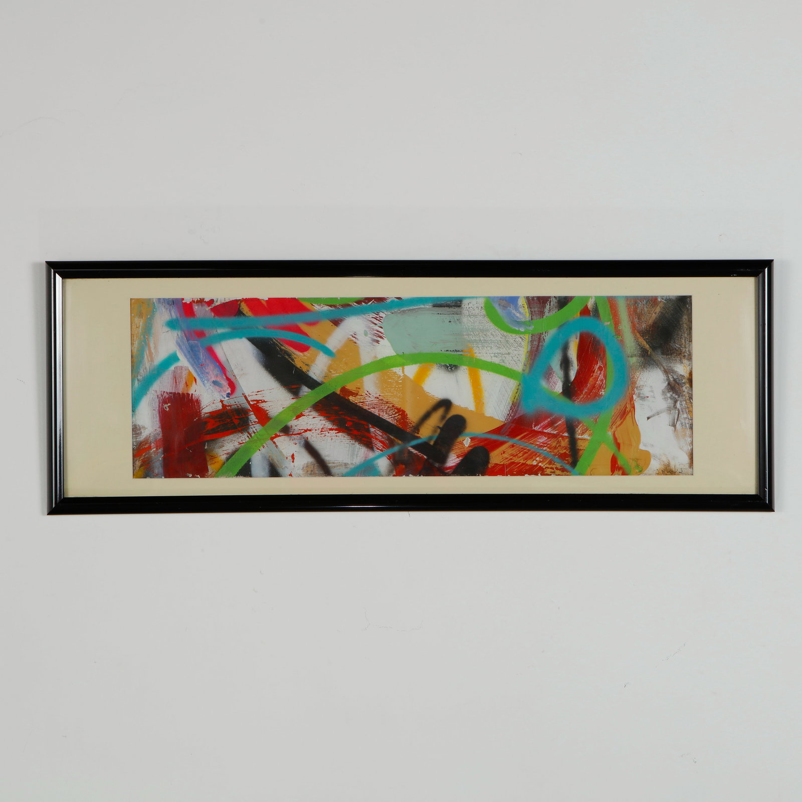 John Macki, Painting: Executed with sweeping linear forms and bold chromatic contrasts, this abstract work demonstrates a spontaneous and lyrical approach to composition. The elongated framing reinforces the paintingâ&eur