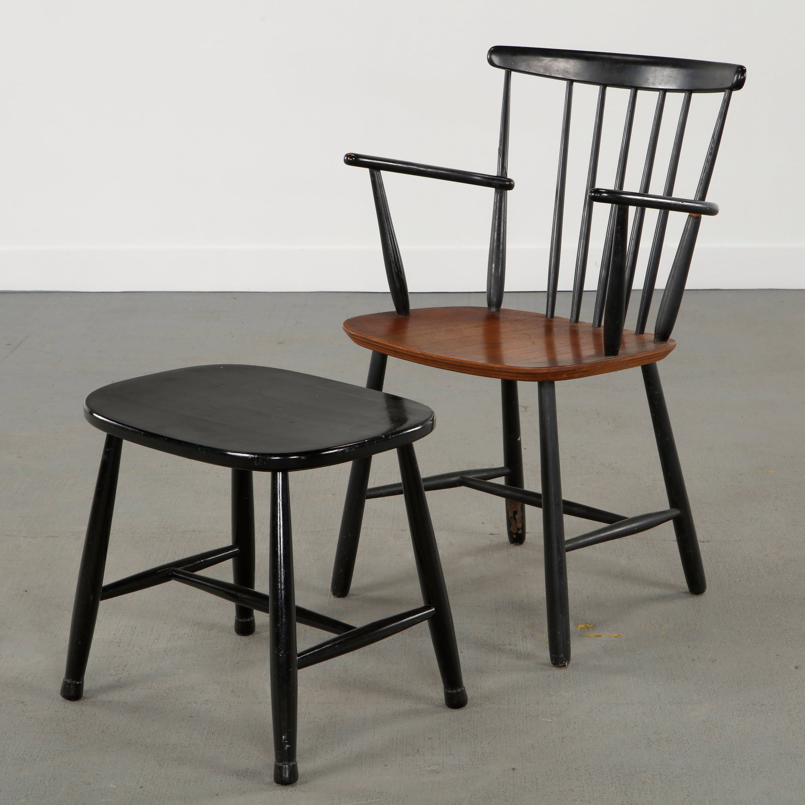 Ilmari Tapiovaara, Wood Chair with Matching Side Table, 1960s: Chair and matching coffee table in stained wood, showcasing Tapiovaara functional design language and understated elegance. Chair: Height: 34 in. Width:21.5 in. Depth: 17 in. Seat Depth: 15.5 in. Seat