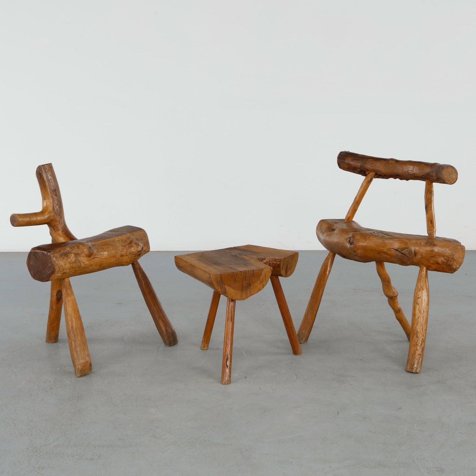 Sculptural Rustic Chair and Pair of Stools, 1960s (1 of 20)