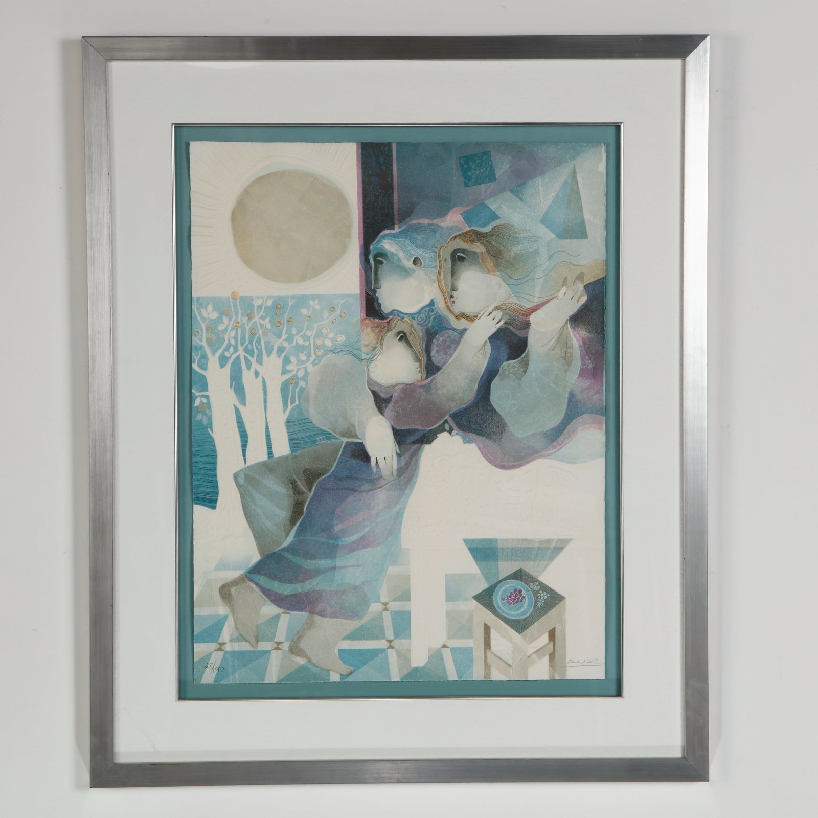 Alvar Sunol, Le Temps de Nos Jours, Apres Midi, Lithograph, Signed and Numbered 28 of 190: Executed in cool atmospheric hues, this signed and numbered lithograph captures Sunol ethereal treatment of the human figure within a contemplative interior setting. The layered composition reveals th