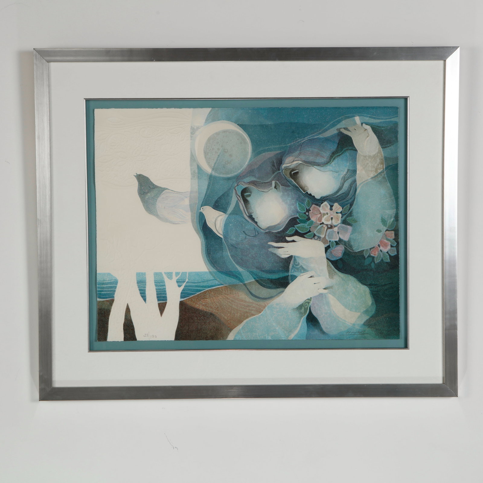 Alvar Sunol, Le Temps de Nos Jours, Le Soir, Lithograph, Signed and Number 28 of 190: This signed and numbered lithograph presents an elegant figurative scene animated by flowing drapery, floral motifs, and celestial elements. Sunol soft chromatic transitions and lyrical composition cr