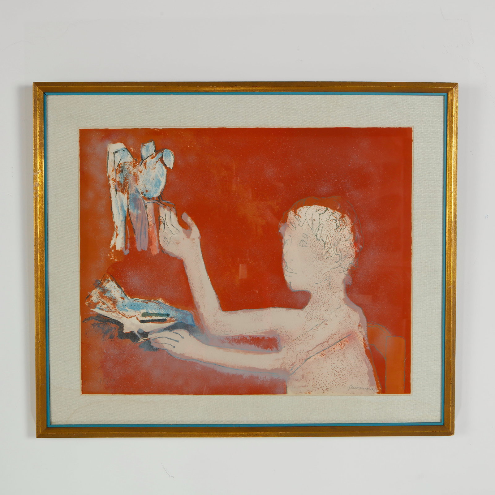 Paul Guiramand, Boy with Birds, Lithograph, Signed and Numbered 74 of 120: Colorful signed and numbered lithograph by Paul Guiramand depicting a youthful figure interacting with birds against a vivid red ground. Executed with delicate linework and luminous tonal contrasts ch