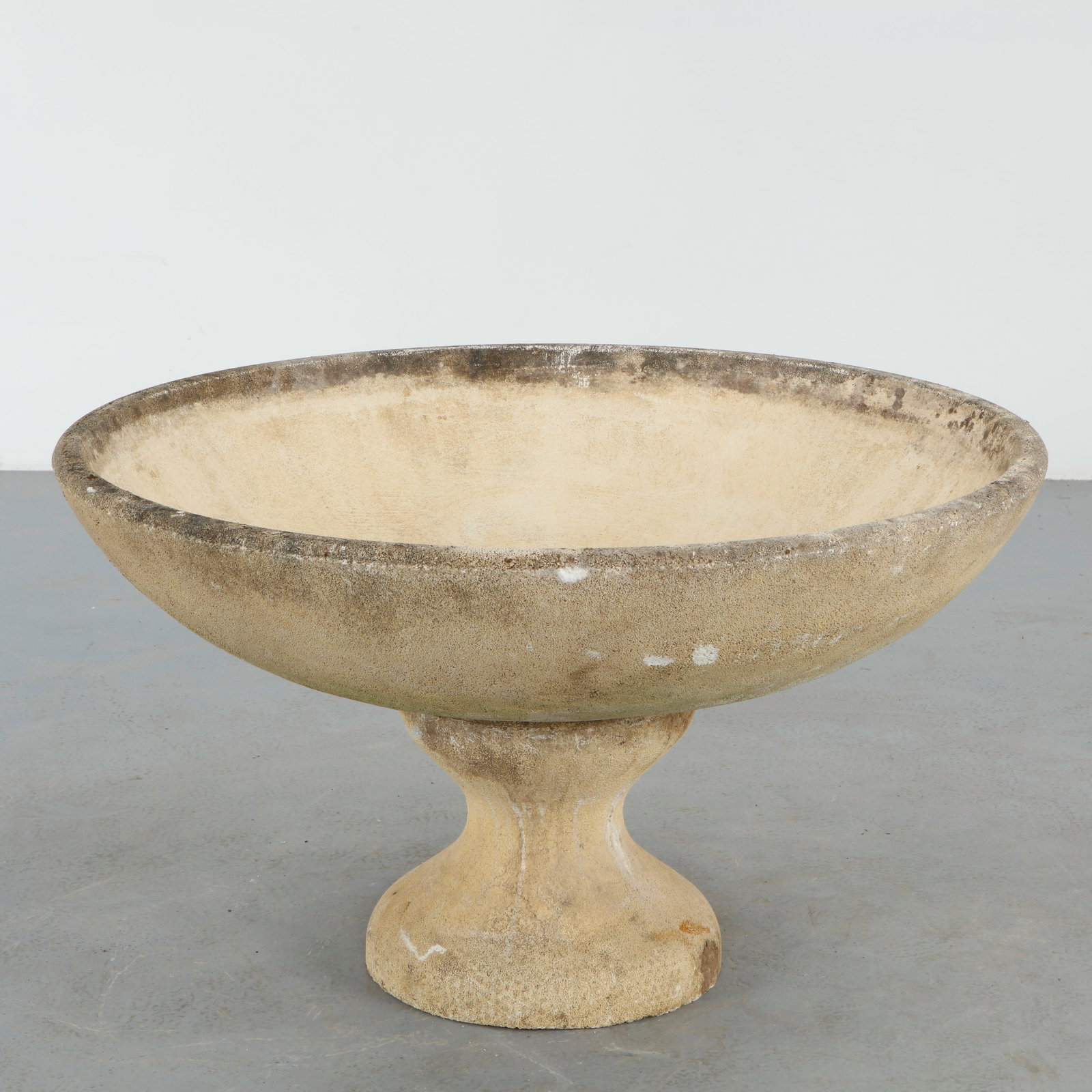 Grandon Fres, Monumental Stone Bowl Planter on Stone Stand, 1960s: Monumental stone bowl planter by Grandon Fres executed with a broad shallow basin resting on an elegant pedestal base. The restrained sculptural form and weathered surface embody timeless garden moder