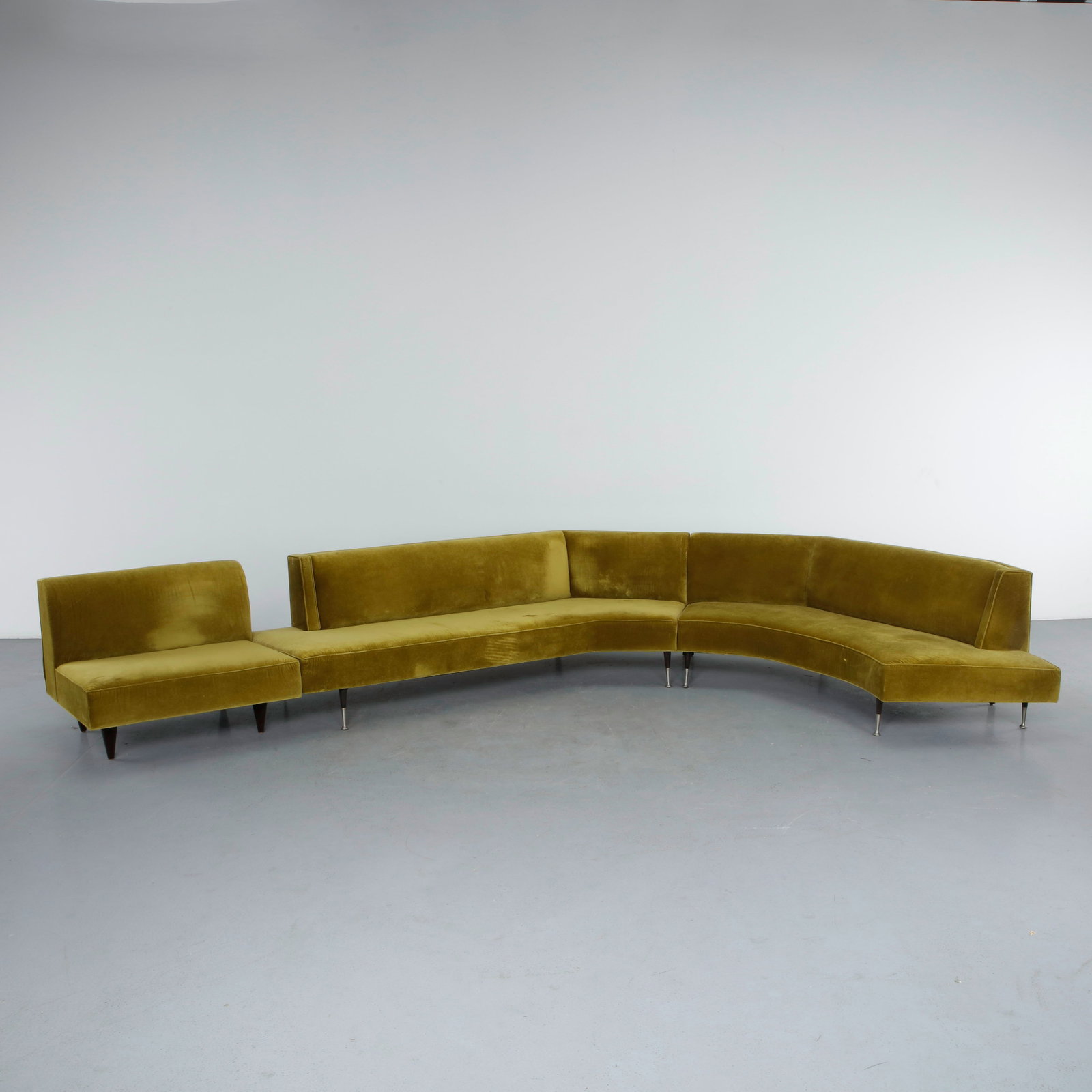 Mid-century Three-Piece Chartreuse Velvet Curved Sectional Sofa (1 of 20)