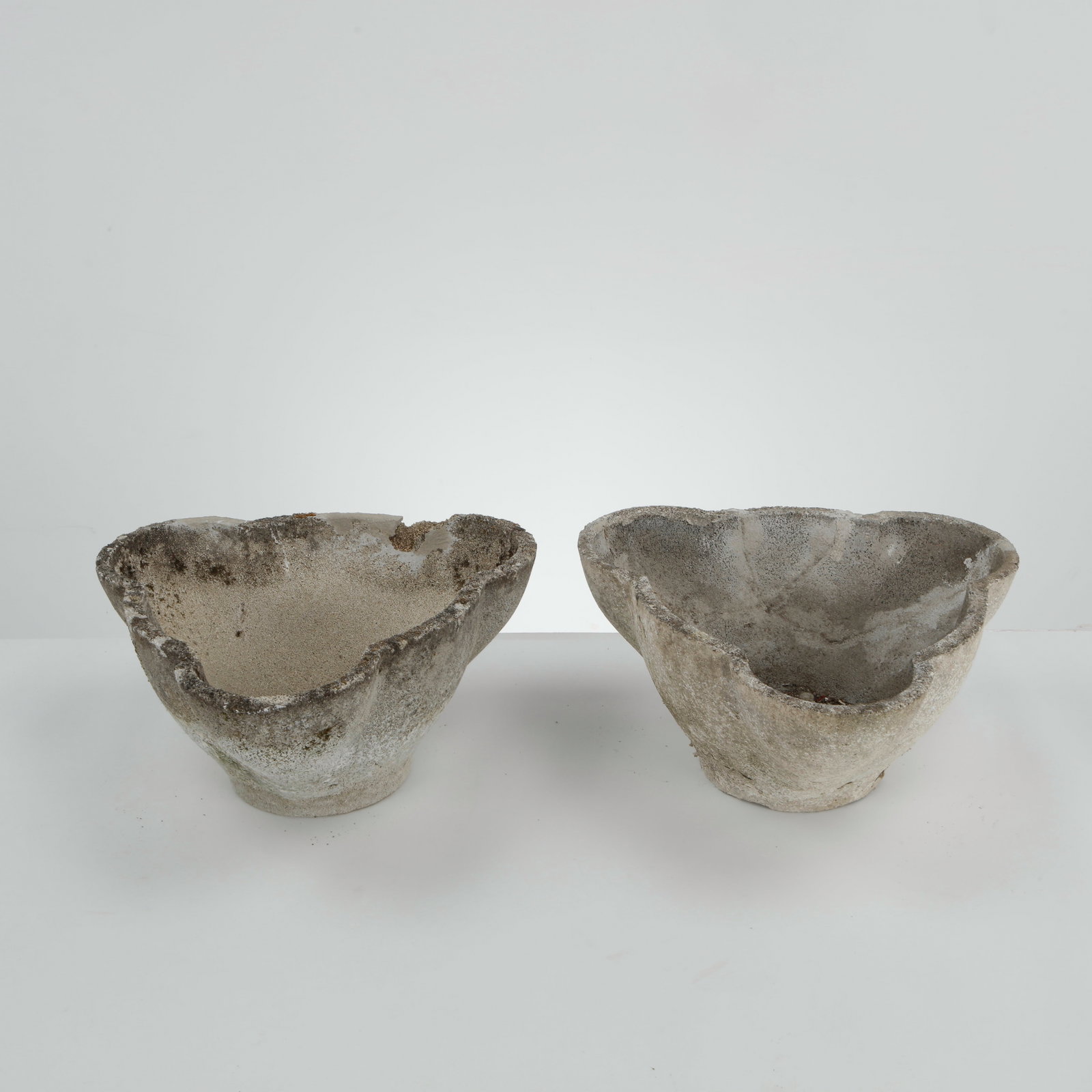 Pair of Scalloped Planters, 1960s: A charming pair of concrete planters with organic, scalloped edges. Their soft curves and aged patina evoke the elegance of mid-century garden design. Width: 15 in. Length: 15 in. Height: 8 in.