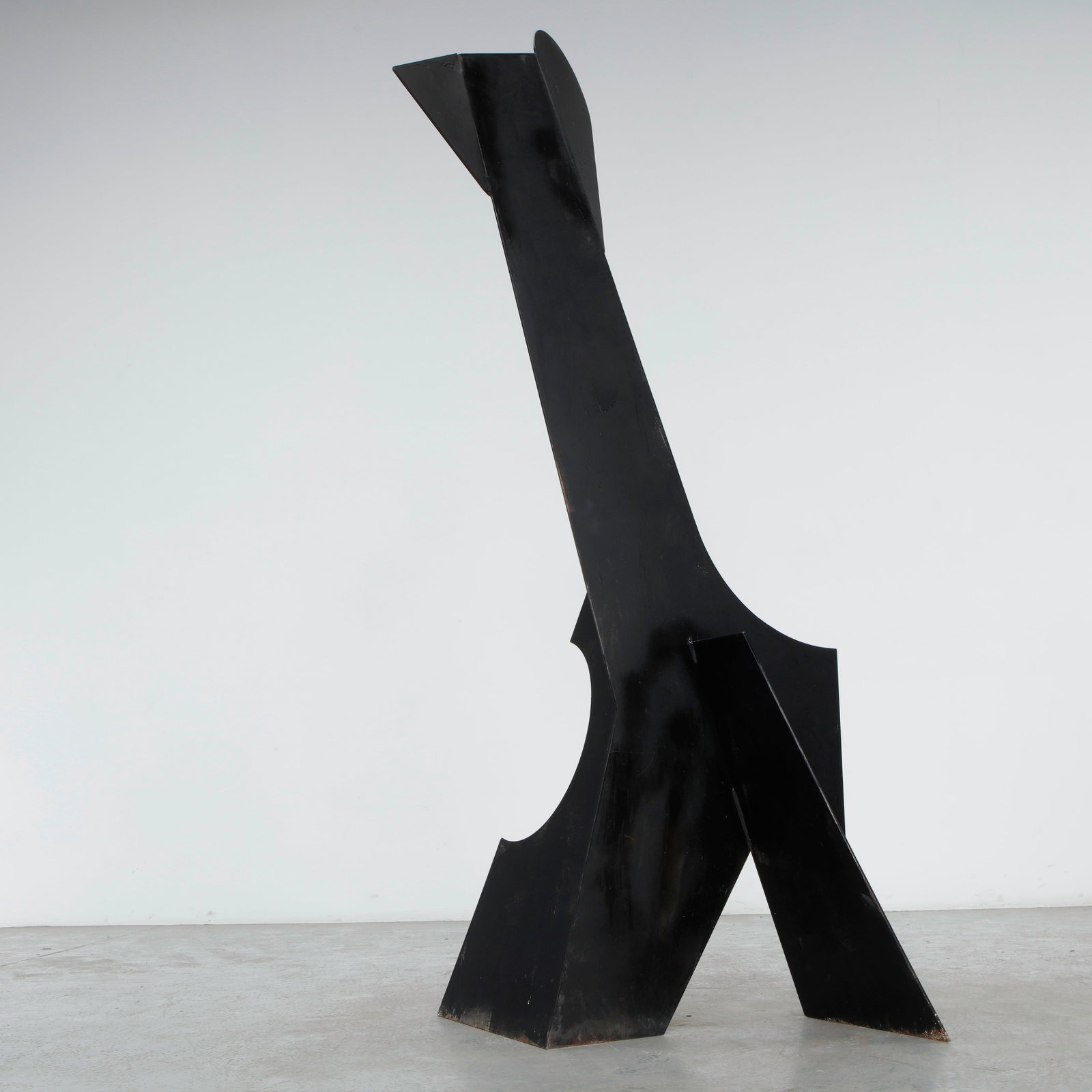 Philippe Makhloof, Abstract Metal Sculpture, 1980s: Crafted from welded steel with a matte black finish, this sculptural composition combines bold geometric volumes with expressive asymmetry. A striking example of Makhloof minimalist approach to form a