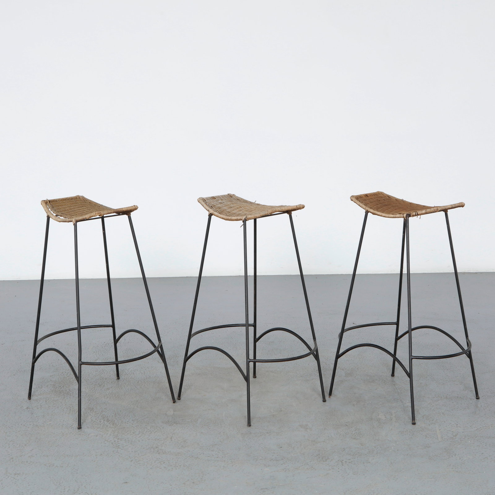 Arthur Umanoff, Set of 3 Metal and Rattan Barstools, 1950s (1 of 12)