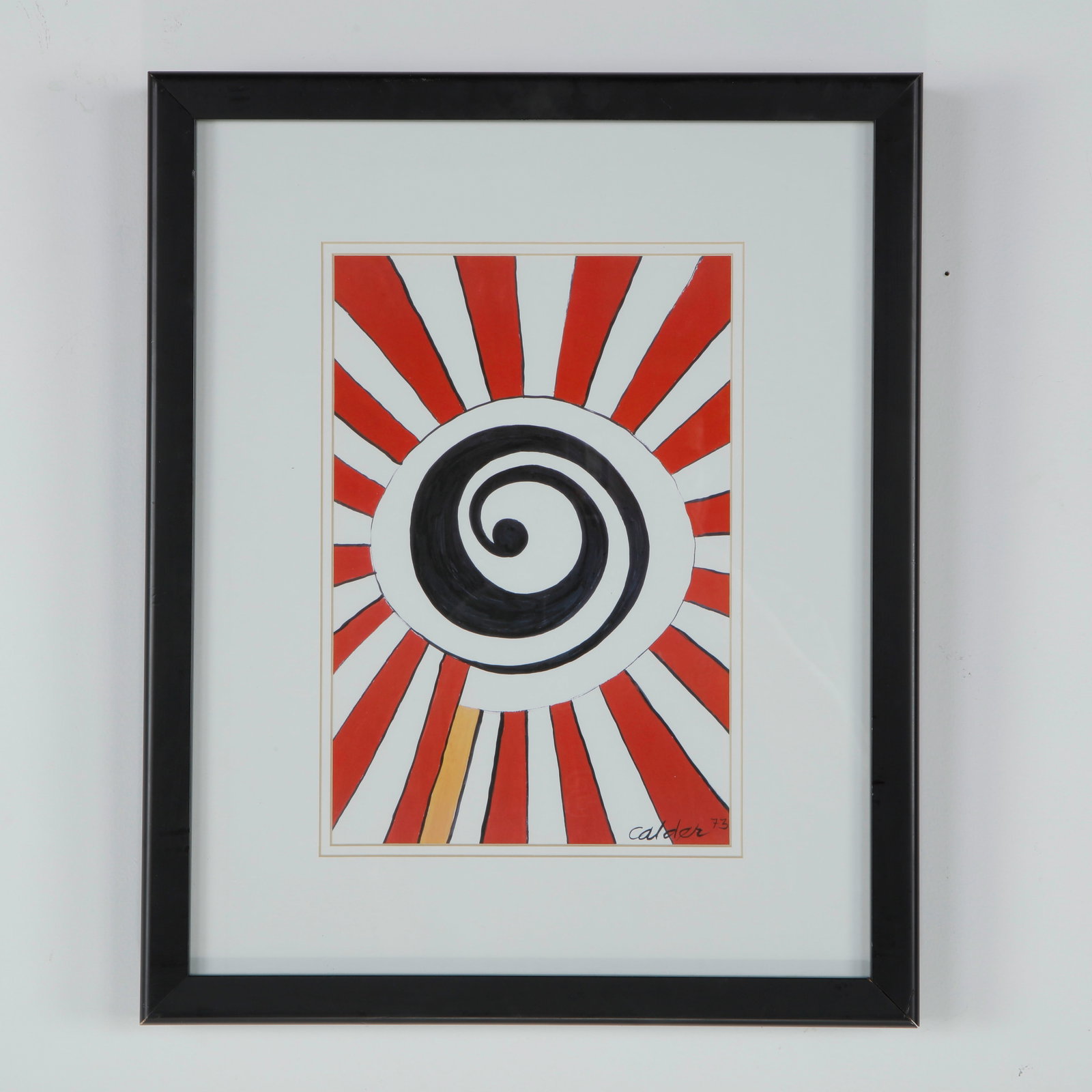 Calder, Sunburst Litograph, Signed, 1973: Bold lithograph by Alexander Calder featuring a dynamic spiral motif set against radiant bands of color. Signed and dated 1973, the work reflects the playful energy and graphic clarity central to Cald