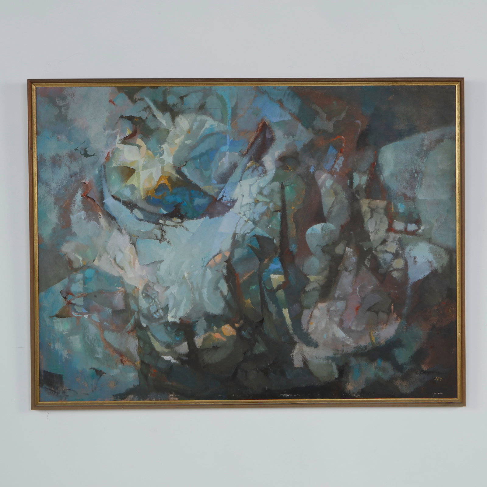 Evelyn Delight, Neptune, Oil on Canvas, Signed, 1958: Expressive oil on canvas titled Neptune by Evelyn Delight, signed by the artist. Executed in a richly layered palette of blues and greens, the composition conveys a dynamic and atmospheric abstraction