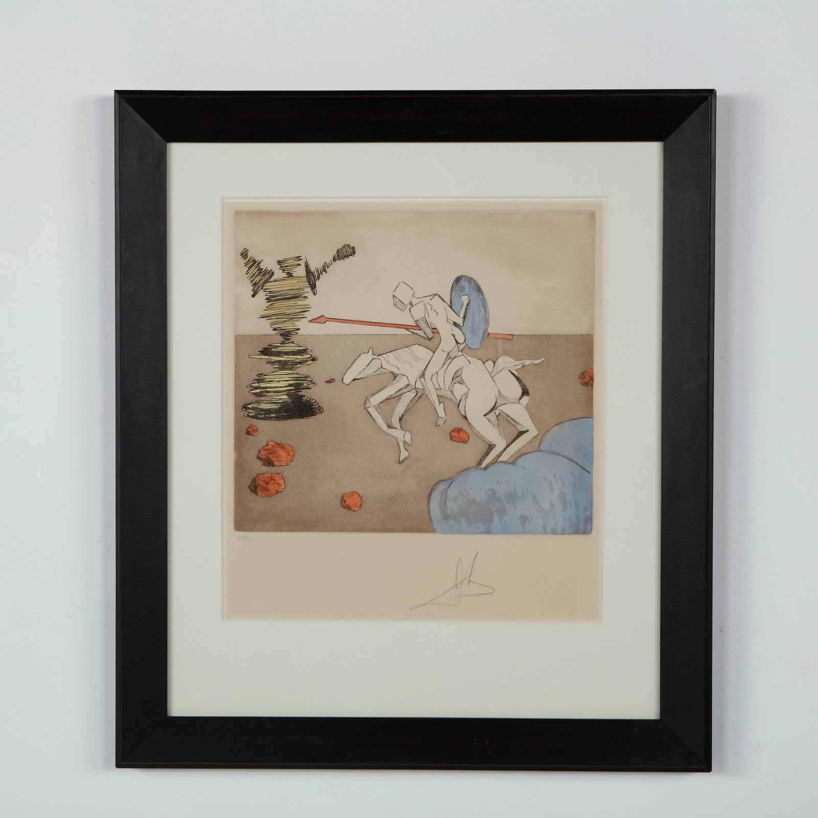 Salvador Dali, Off To Battle, Signed, Numbered 187/300: Woodcut from DalÃ­ celebrated interpretation of the Seven Deadly Sins. Signed by the artist, the composition combines fantastical imagery and intricate linework, exemplifying his exploration of mora
