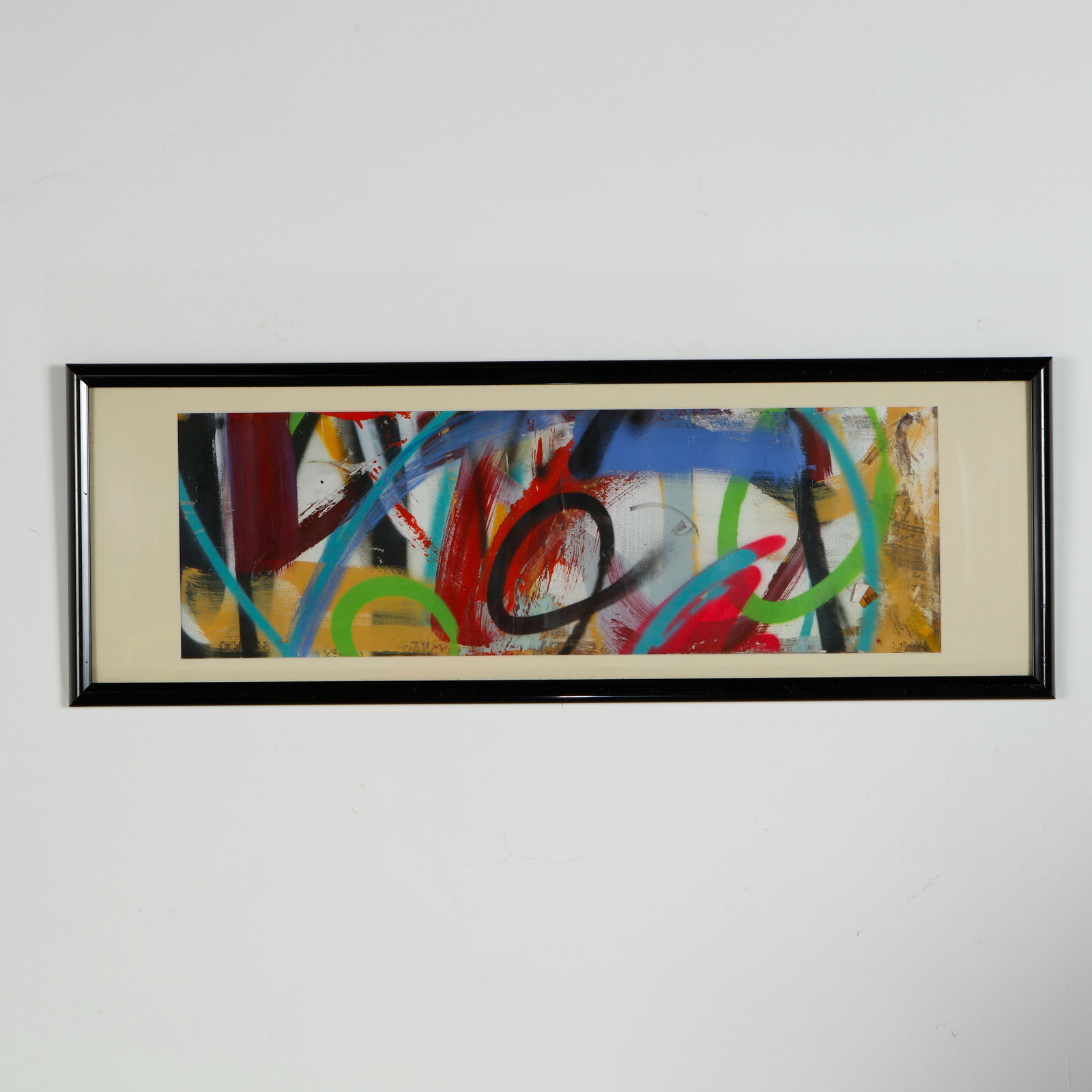 John Macki, Painting: Featuring energetic gestural brushwork and vivid layered color fields, this composition exemplifies John Macki expressive abstract vocabulary. The elongated panoramic format enhances the dynamic movem