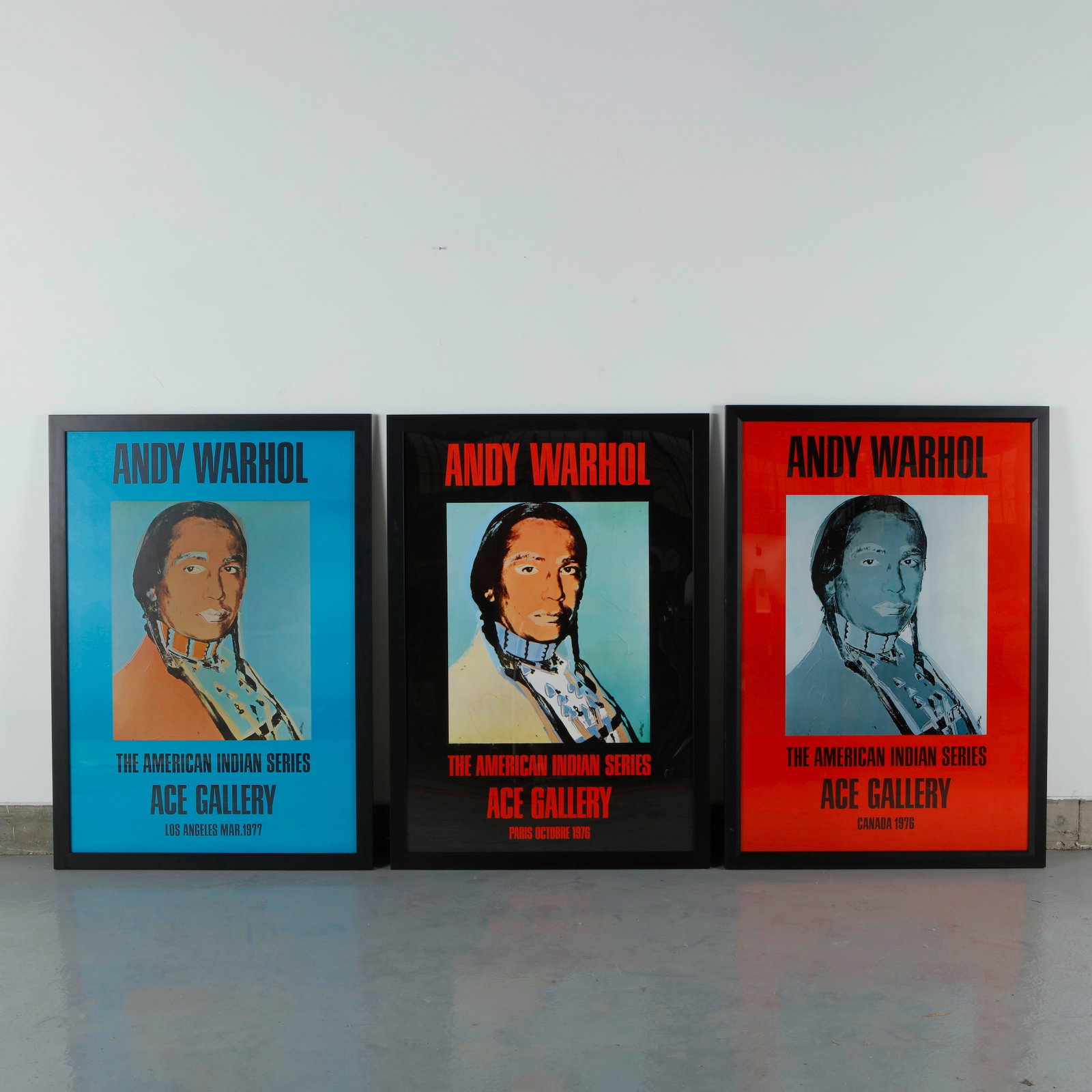 Andy Warhol, The American Indian Series, Set of Three Exhibition Posters for Ace Gallery, 1976: A set of three color offset exhibition posters after Warhol iconic American Indian portrait of Russell Means, each in a different colorway, blue, black, and red, printed for Ace Gallery shows in Paris