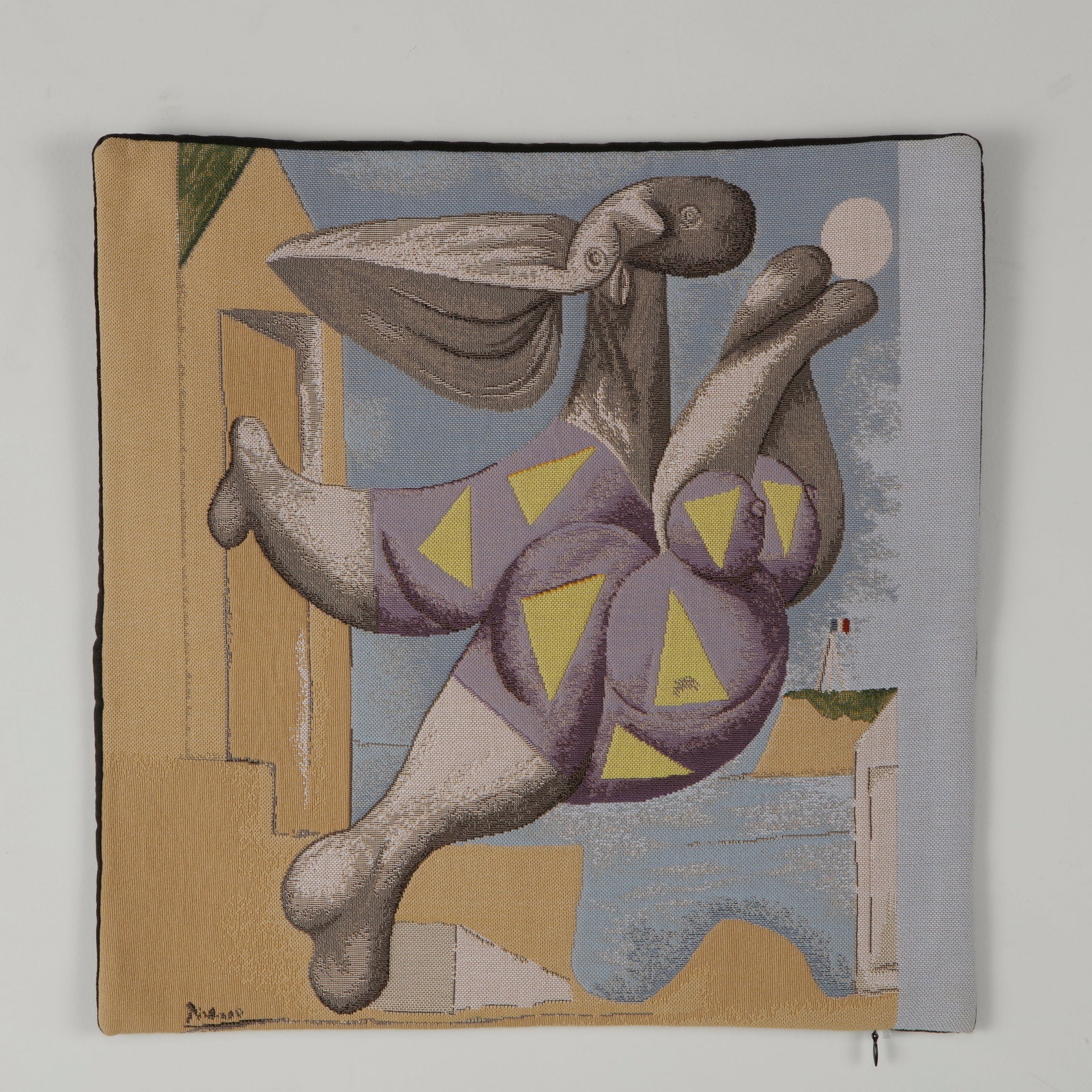 Picasso, Pillow Cover for the Pompidou Center: A woven pillow cover produced for the Centre Pompidou, depicting one of Pablo Picasso iconic figurative compositions. The detailed jacquard weave faithfully reproduces the expressive forms and artisti