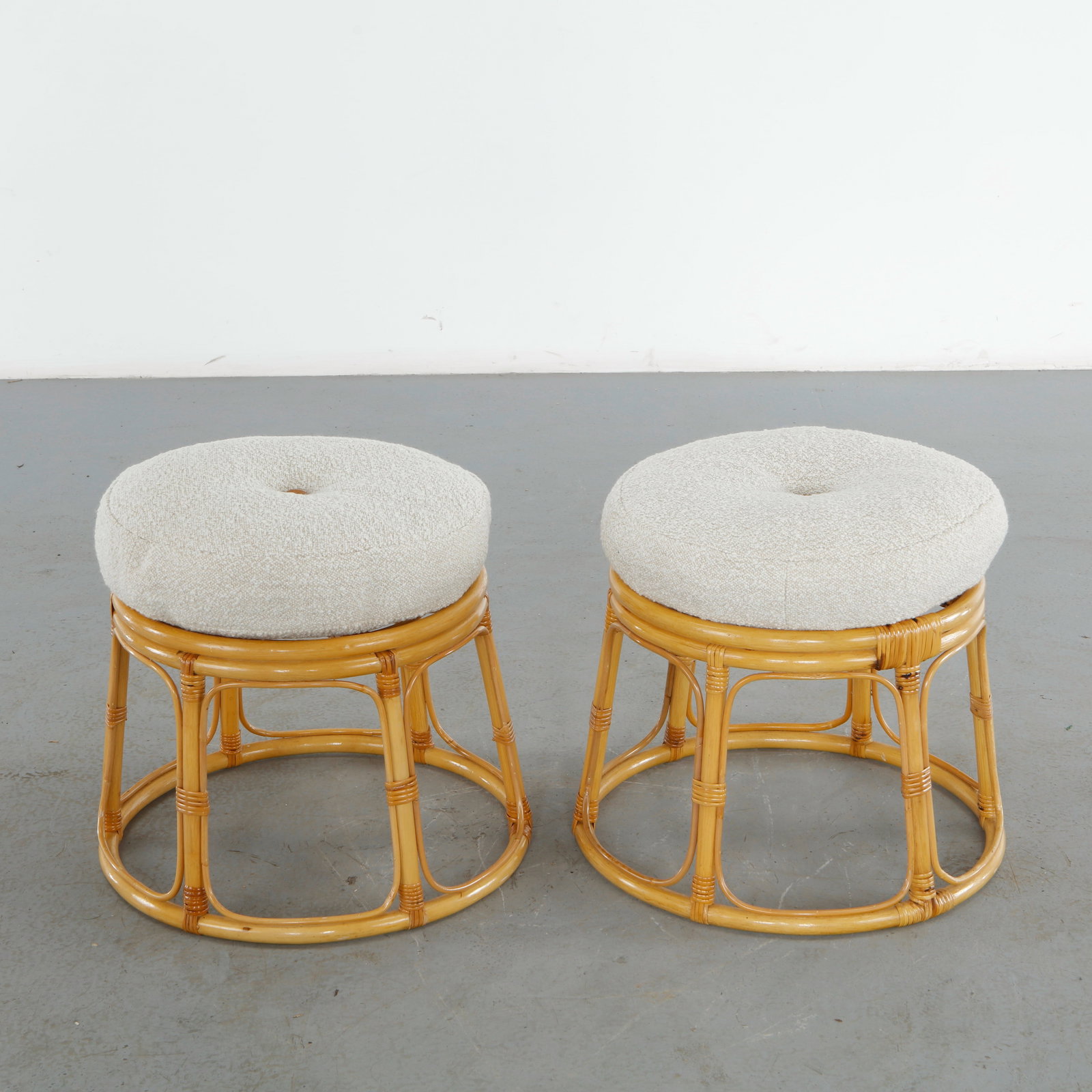 Tito Agnoli, Pair of Rattan and Wicker Round Pouf Stools, Italy, 1960s (1 of 13)