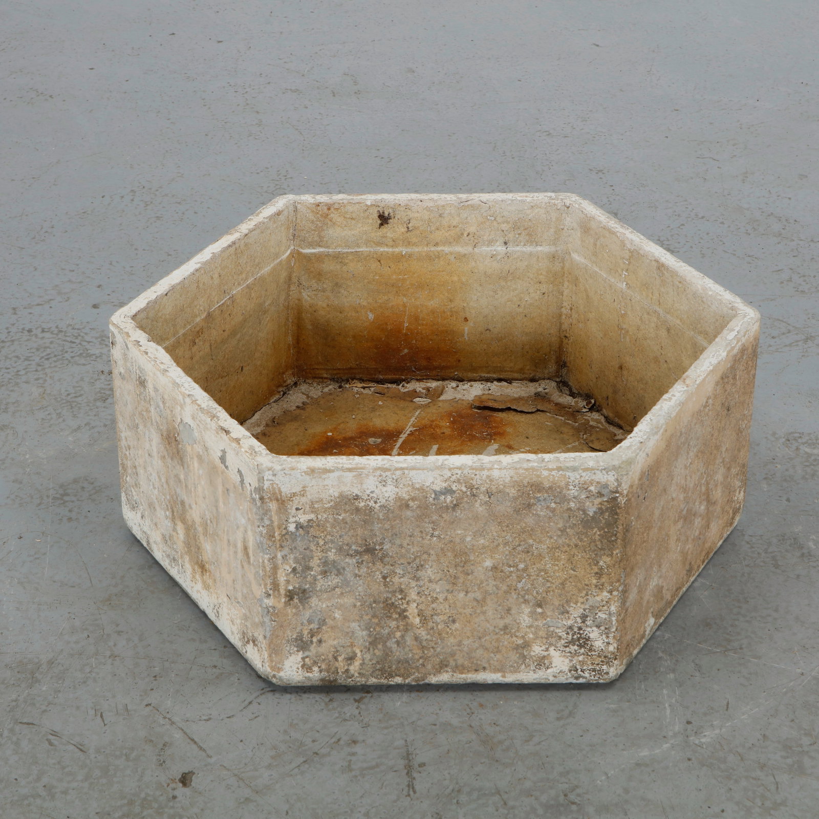 Willy Guhl, Hexagonal Planter, 1960s: Executed in fiber cement, this hexagonal planter features clean geometric lines and a substantial architectural profile characteristic of Willy Guhl outdoor designs. The weathered patina and textured